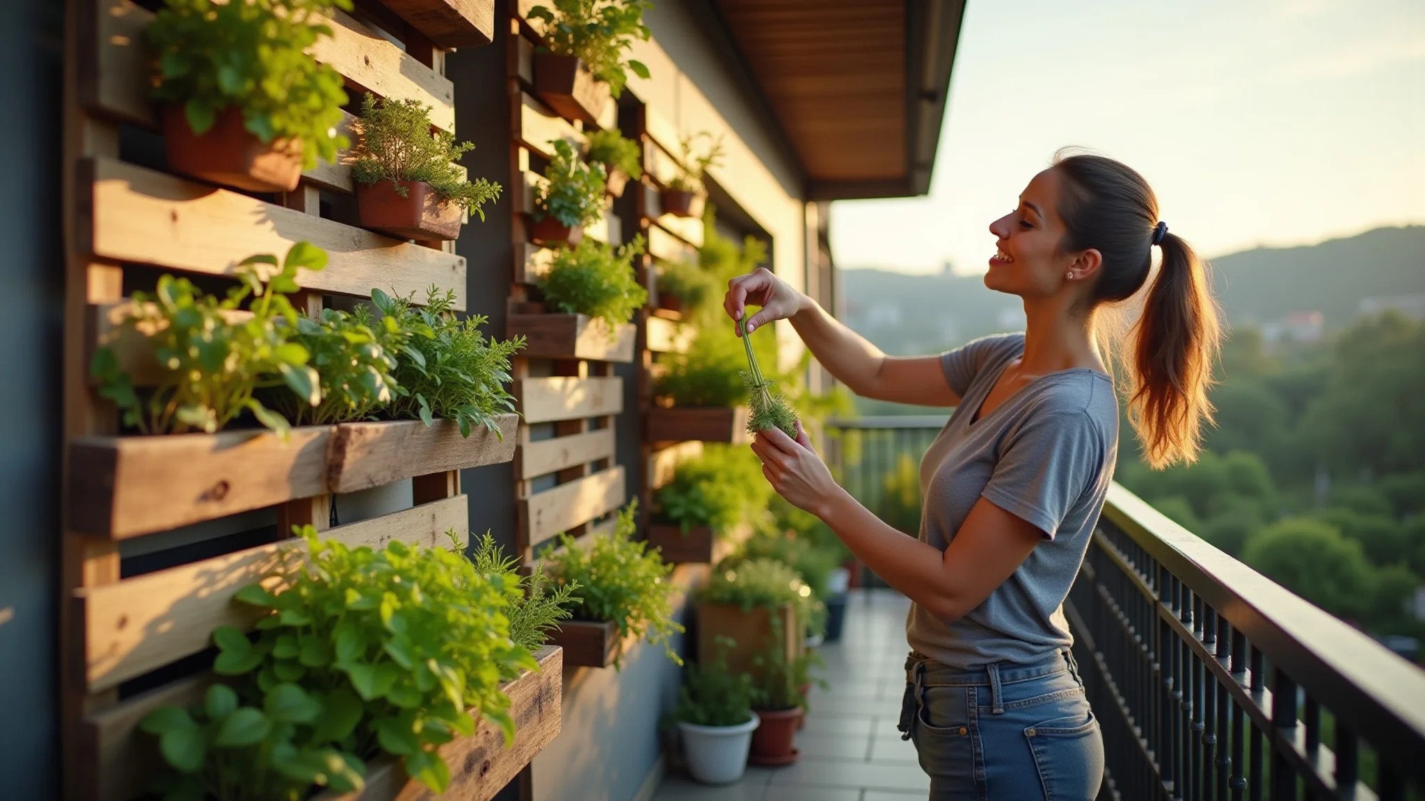 Mulher cuidando de horta vertical feita de paletes de madeira em varanda ensolarada.