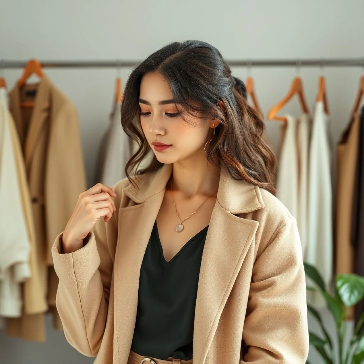 Mulher escolhendo peças versáteis para seu guarda-roupa, planejando looks inteligentes.