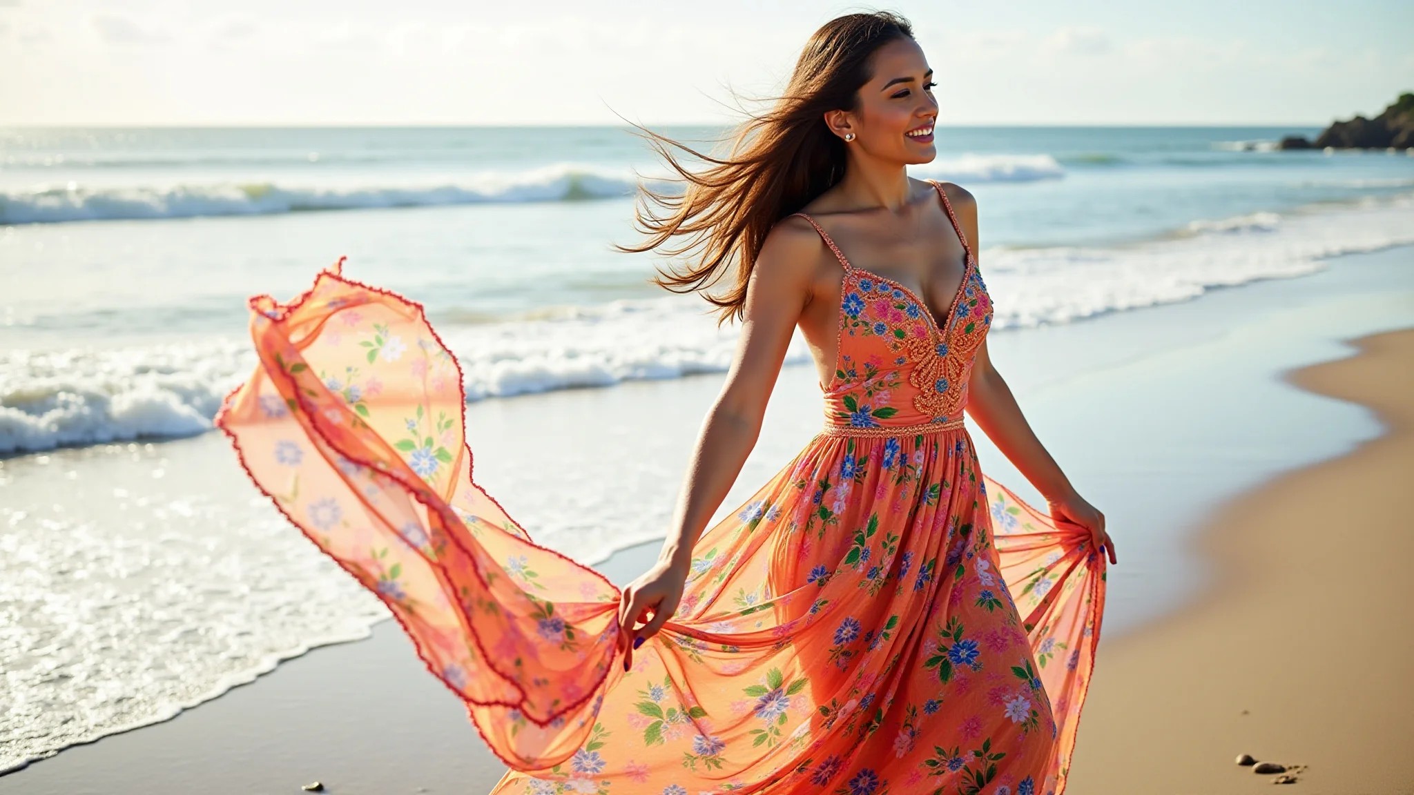 Mulher transforma canga de praia colorida em um vestido elegante com amarração criativa.