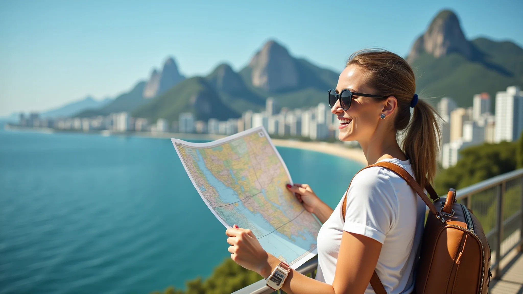 Turista olhando mapa no Rio de Janeiro, segurando apólice de seguro viagem.