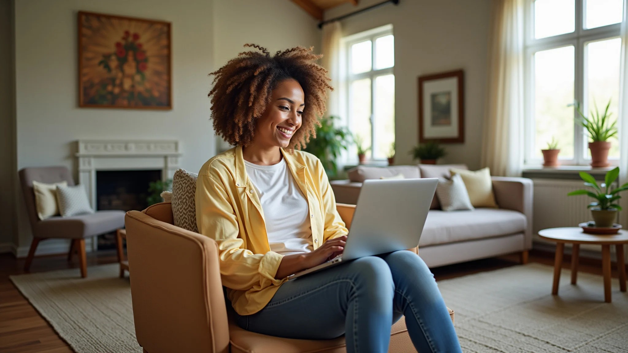 Mulher comparando opções de seguro viagem online em um laptop, em sala aconchegante.