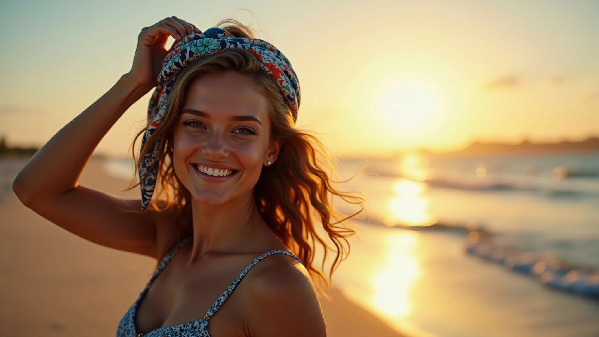 Mulher usando canga como lenço de cabelo na praia, luz dourada do entardecer.