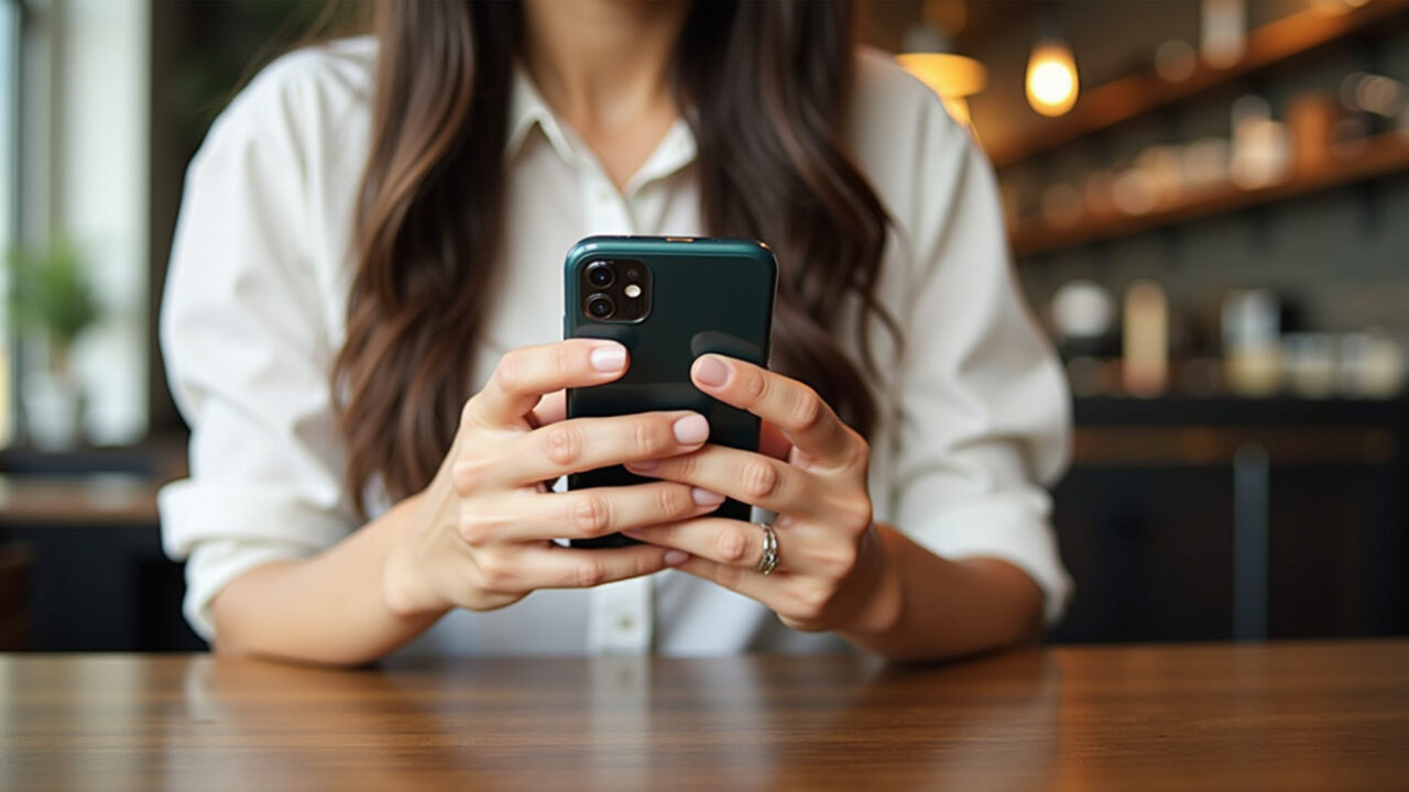 Mulher usando aplicativo de diário de gratidão no celular.