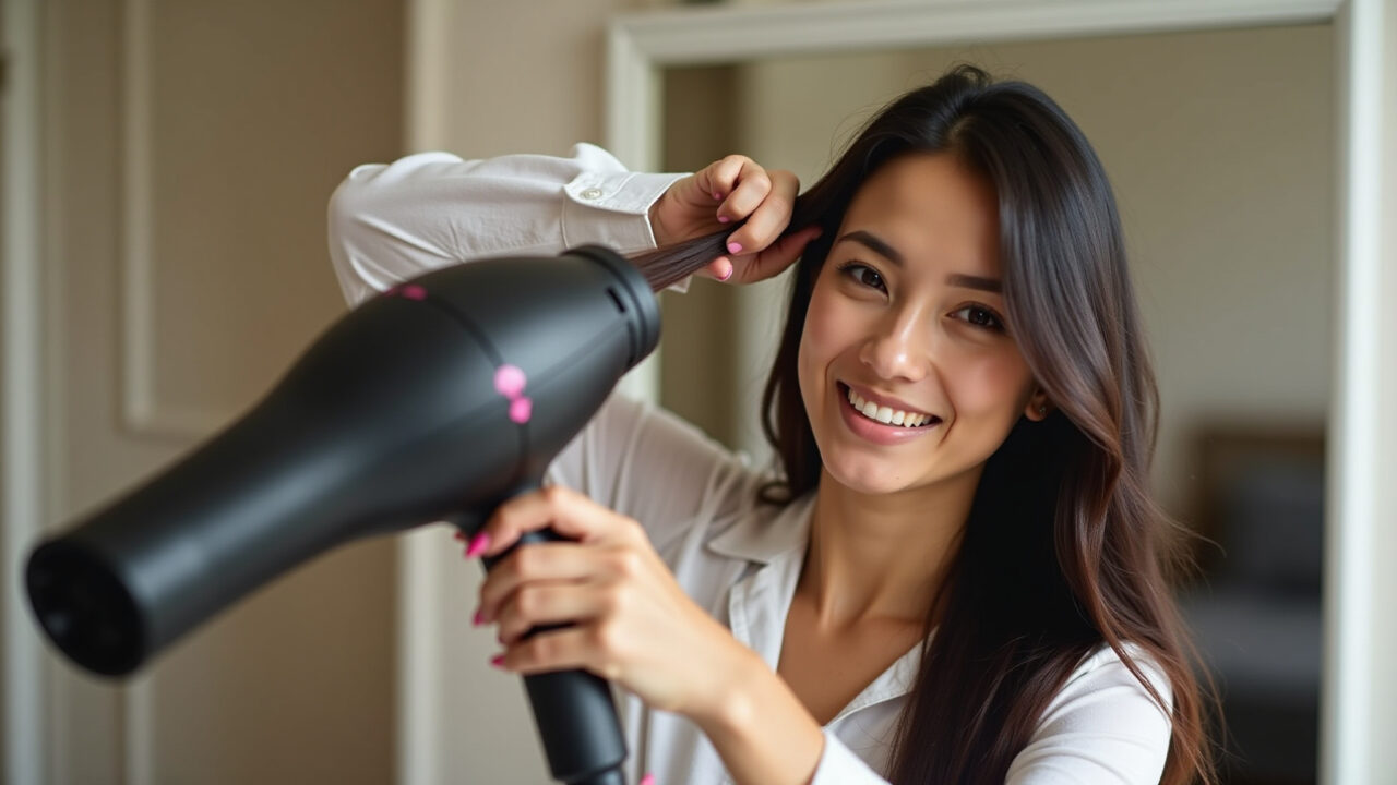Mulher usando bico direcionador do secador para alisar o cabelo.