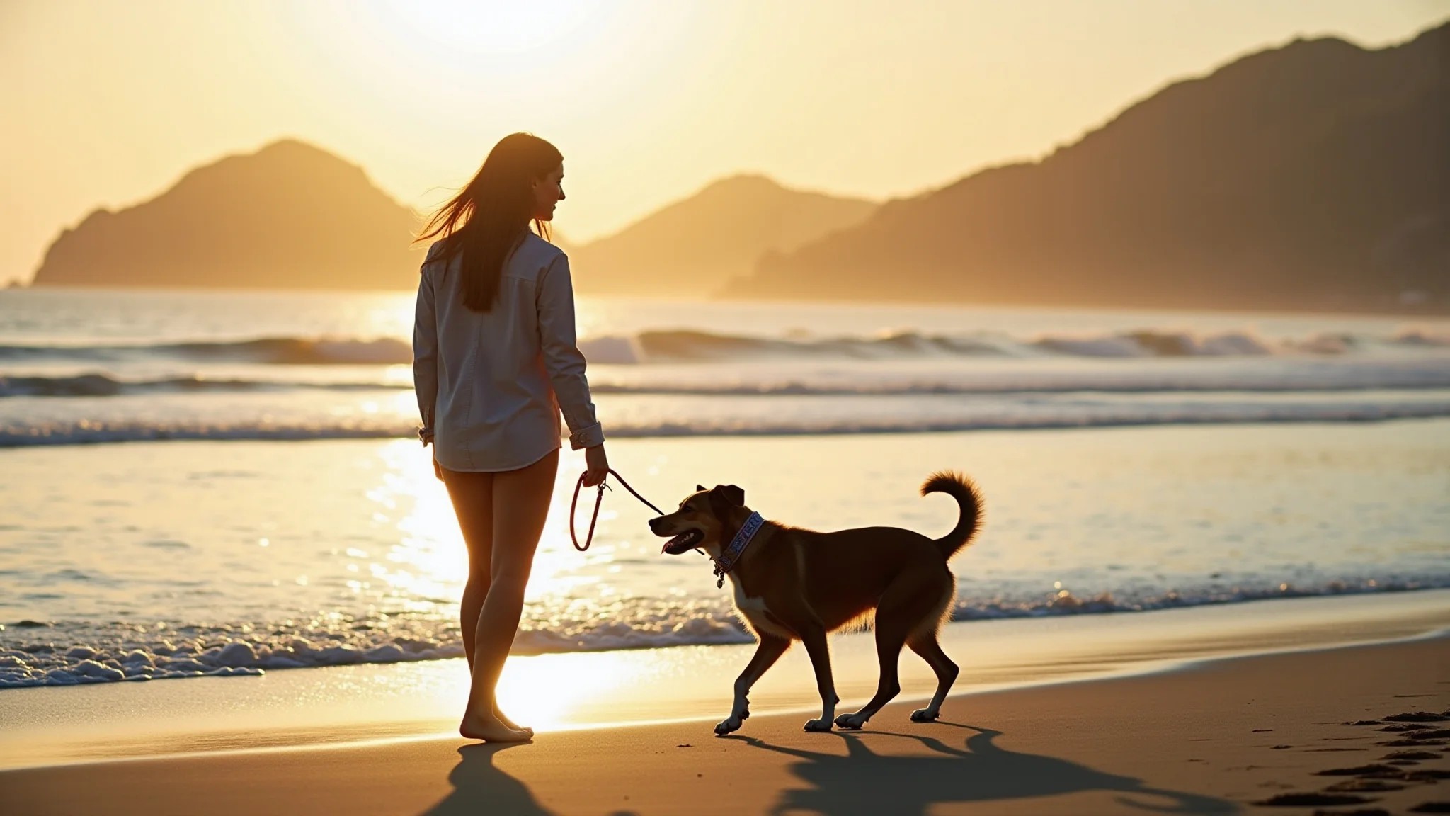 Mulher passeando com cachorro na coleira em praia pet-friendly no Rio de Janeiro.