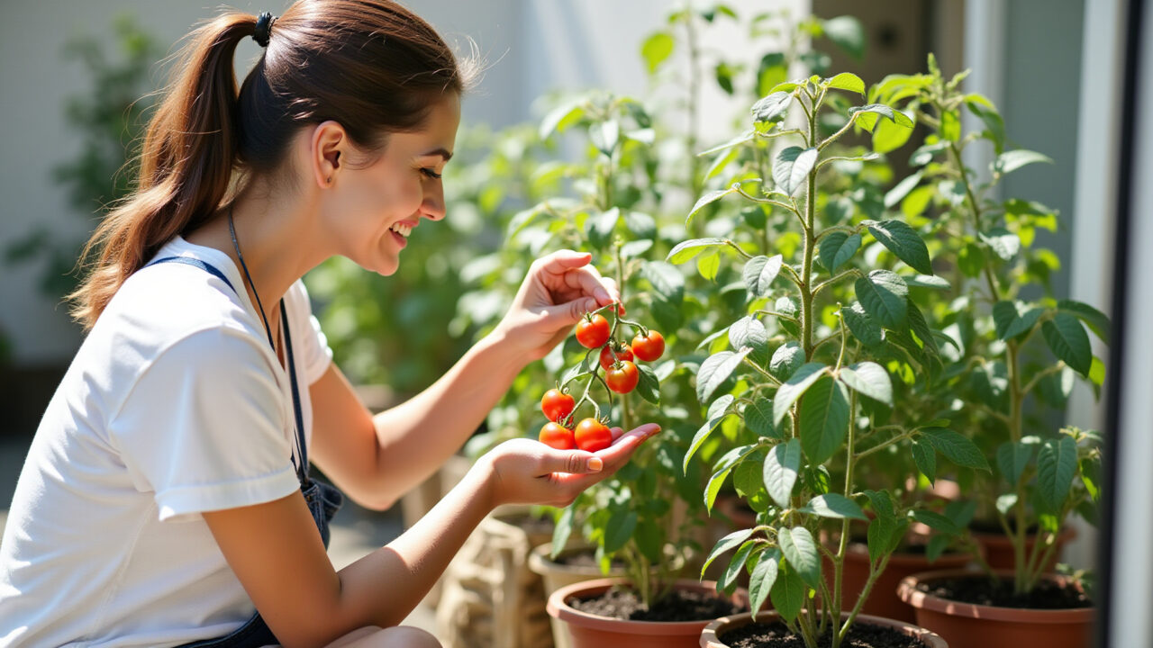 Mulher regando tomate cereja em vaso.