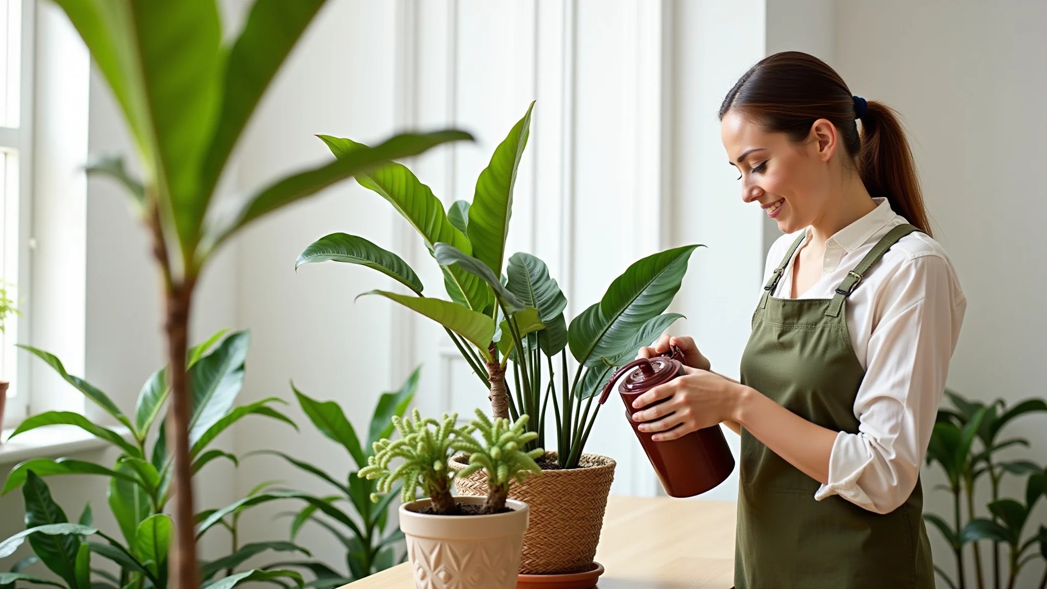 Mulher regando plantas em vasos decorativos.
