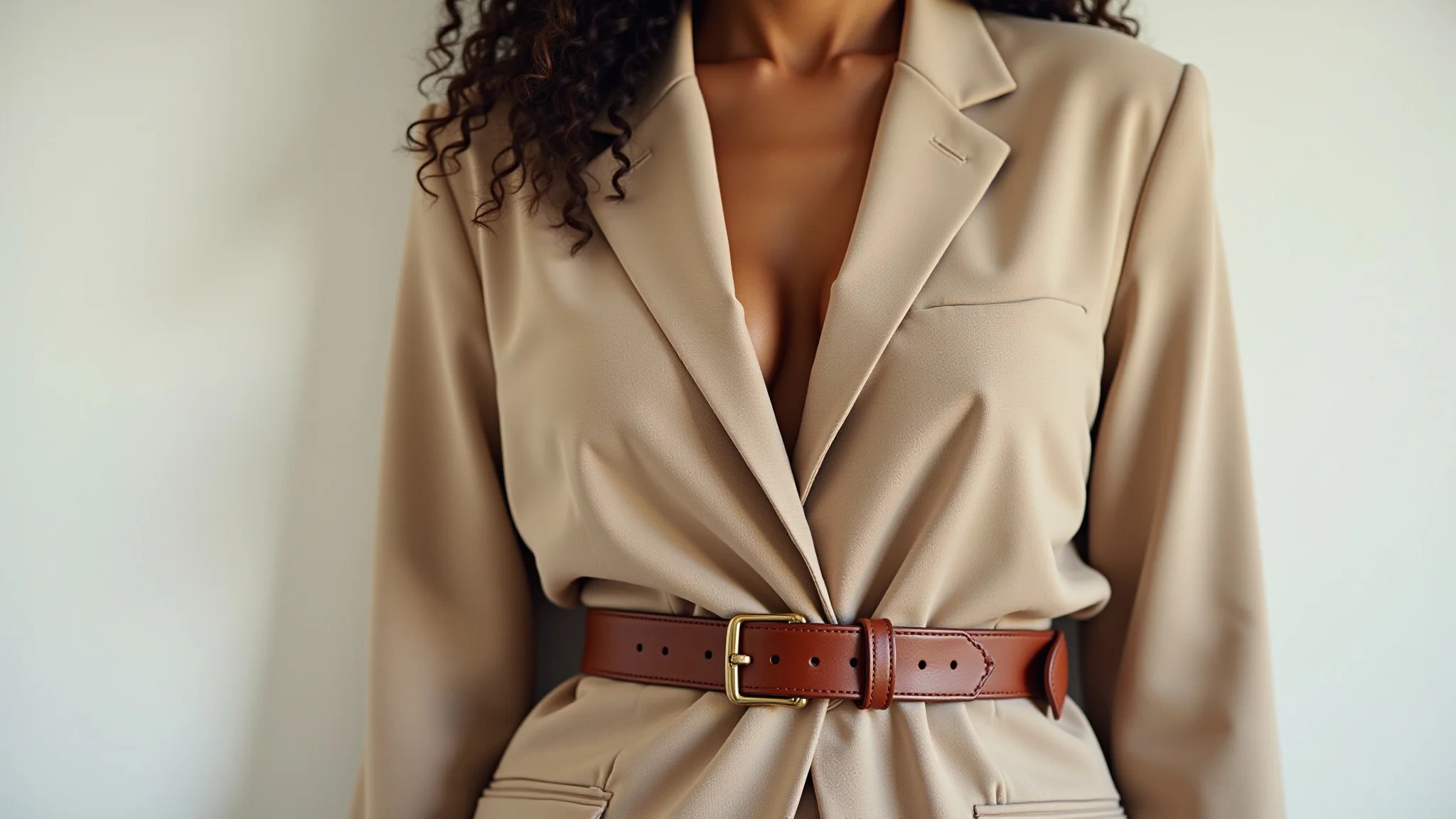 Mulher com blazer bege e cinto largo marrom, visual elegante e moderno.