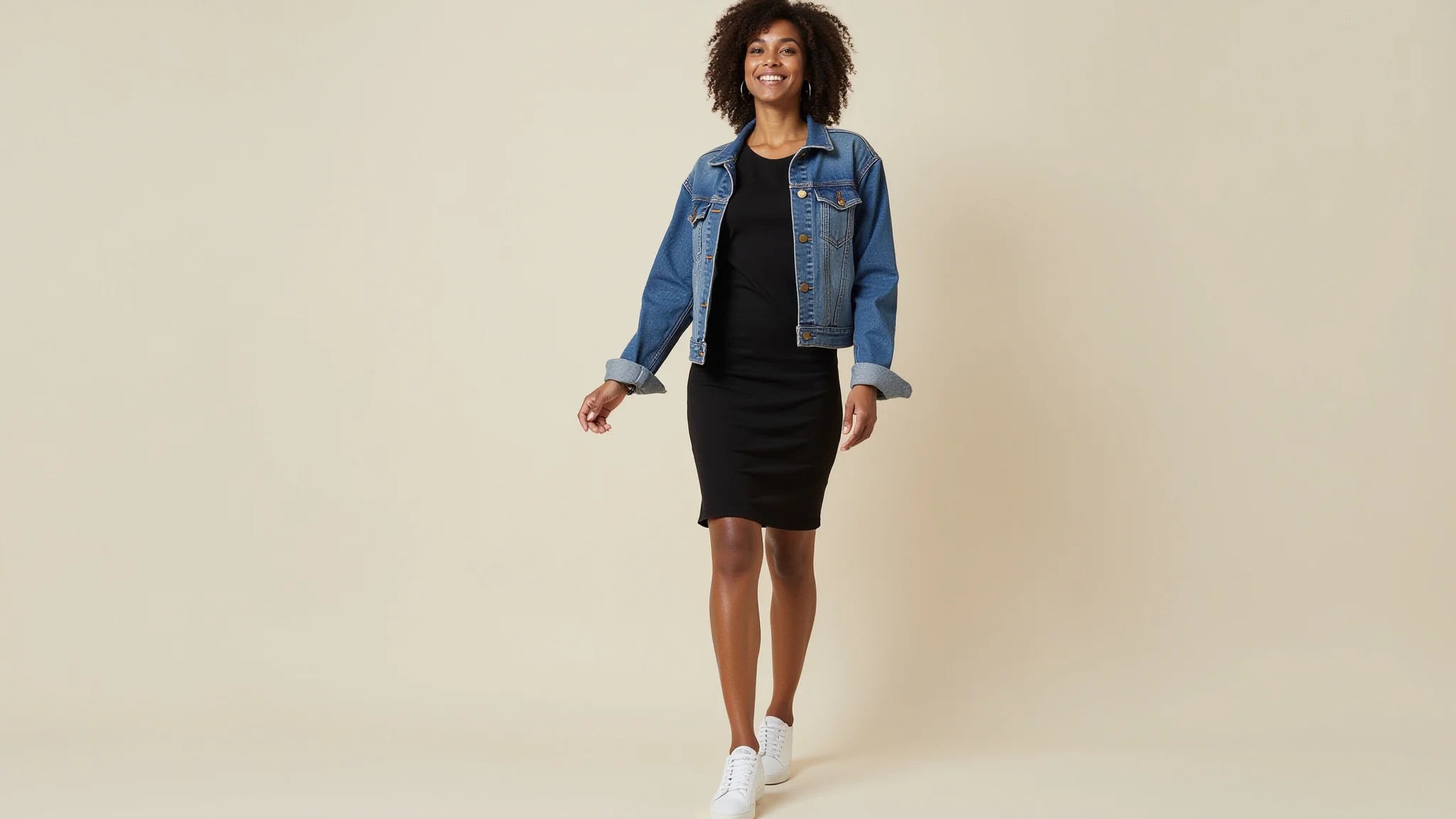 Mulher brasileira usando vestido preto básico com jaqueta jeans e tênis branco.