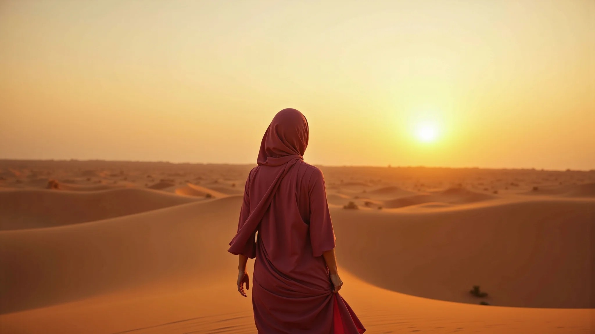 Mulher vestindo roupas modestas explorando o Deserto do Saara ao pôr do sol.