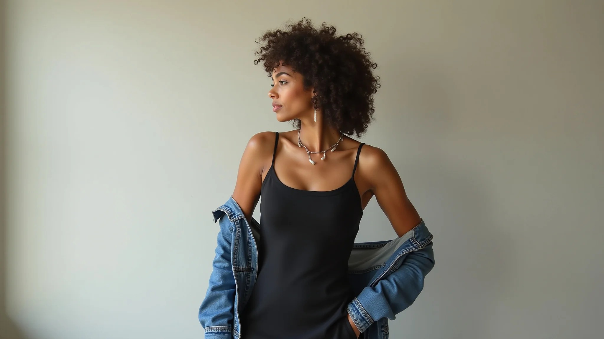 Mulher brasileira usando slip dress com jaqueta jeans, visual casual e estiloso.