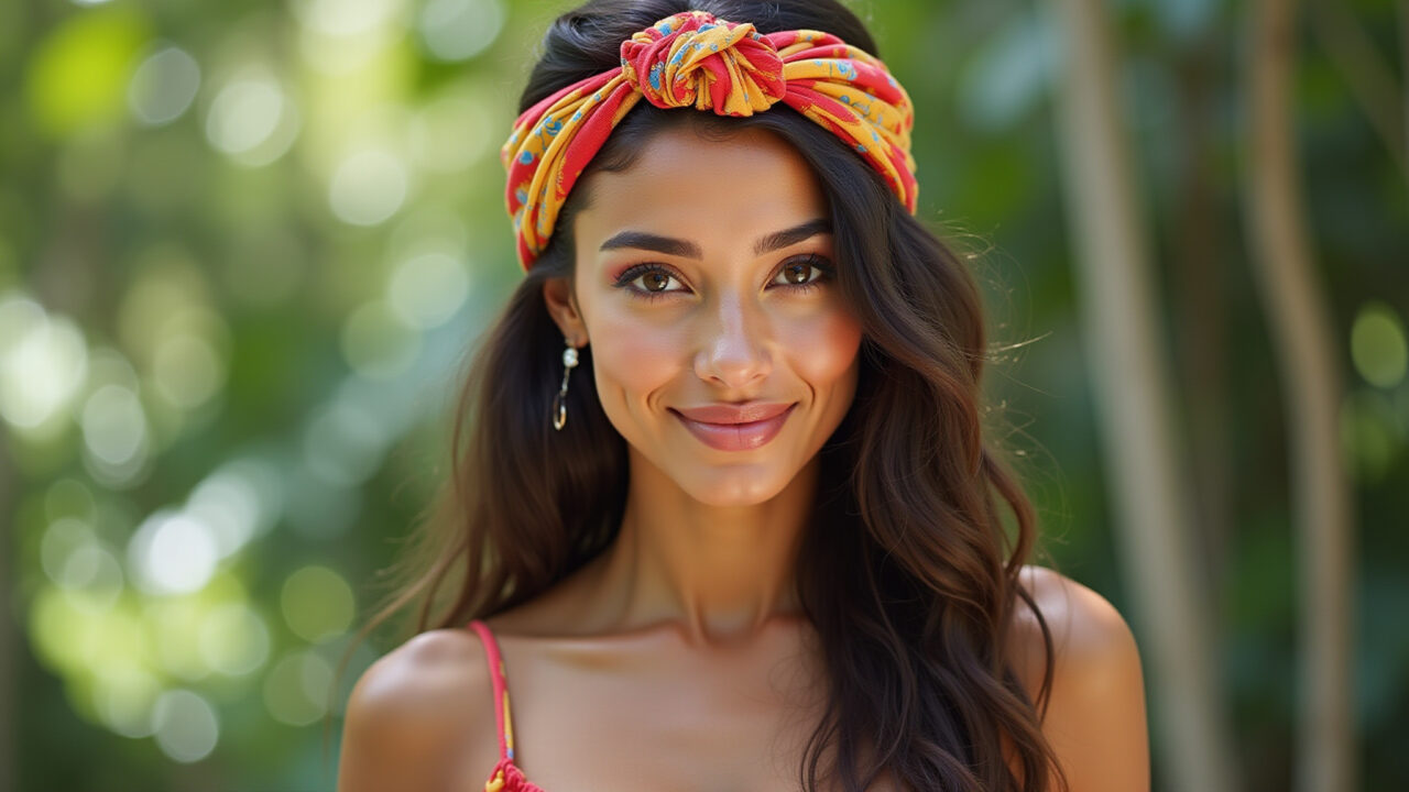 Mulher com tiara turbante colorida estilo boho.