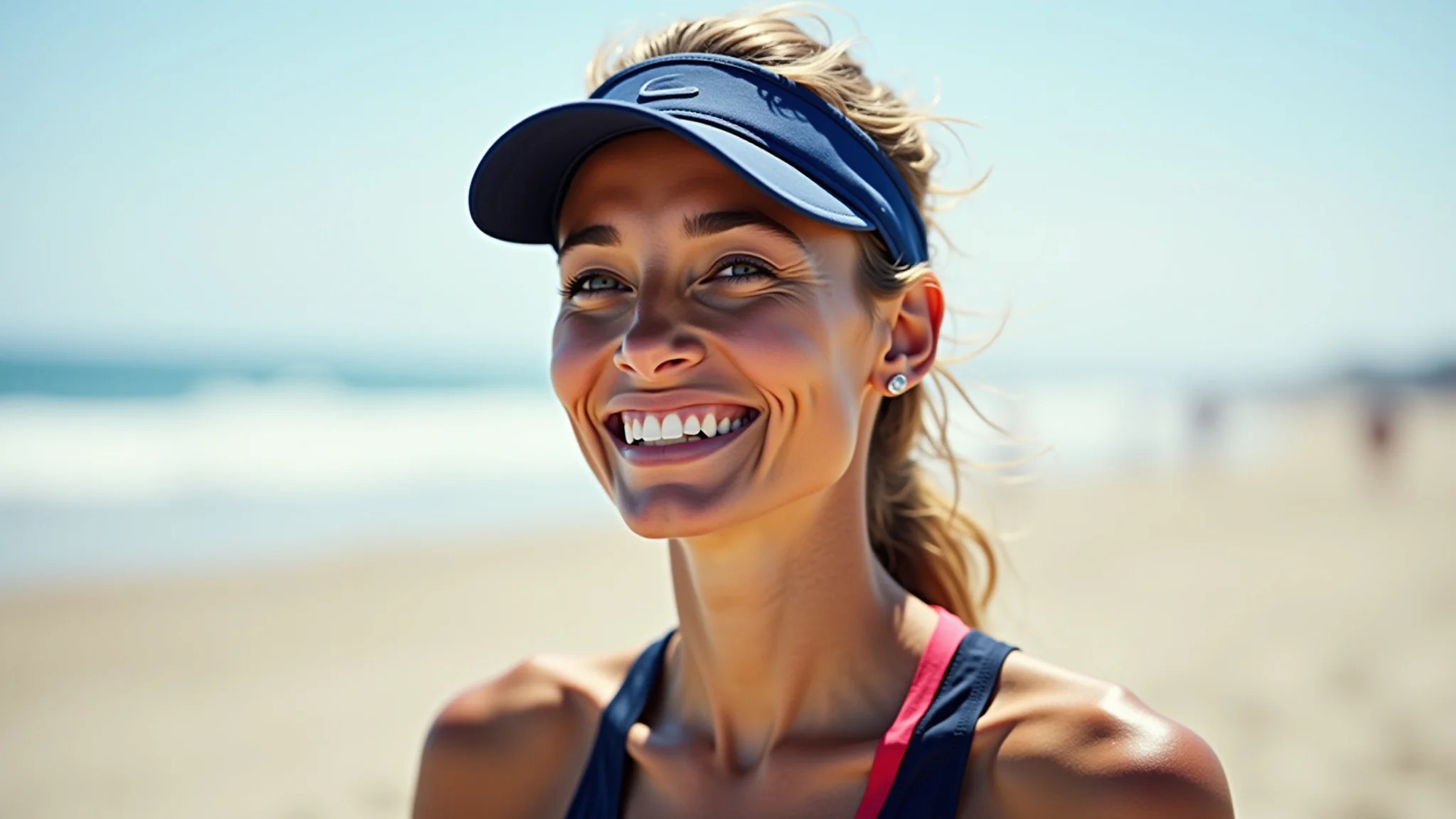 Mulher usando viseira com visual esportivo na praia, sorrindo sob a luz do sol.