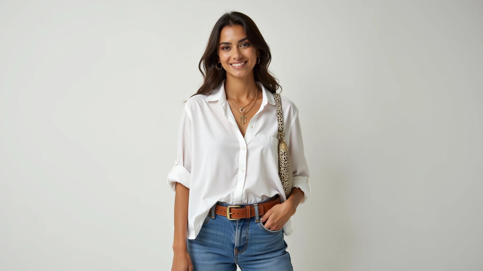 Looks com camisa branca e jeans e diferentes acessórios.