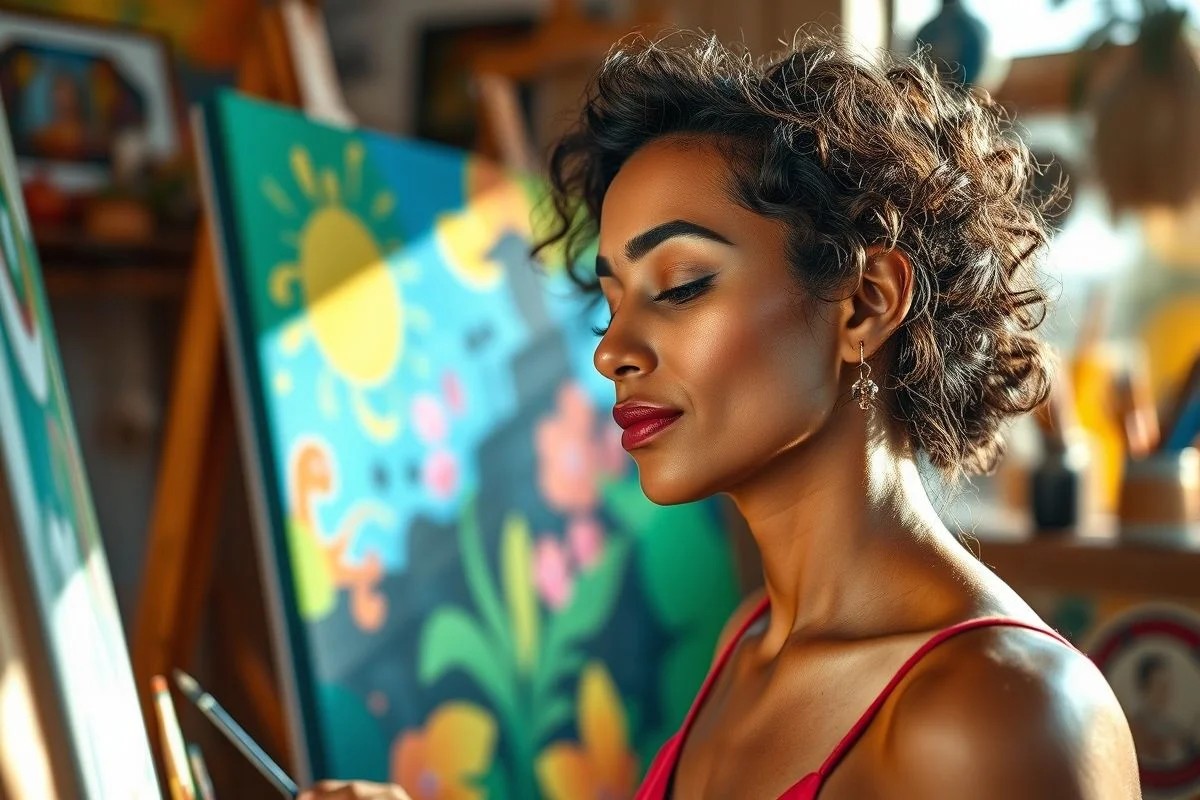 Mulher pinta tela colorida, olhos fechados. Terapia da arte e expressão emocional no Brasil.
