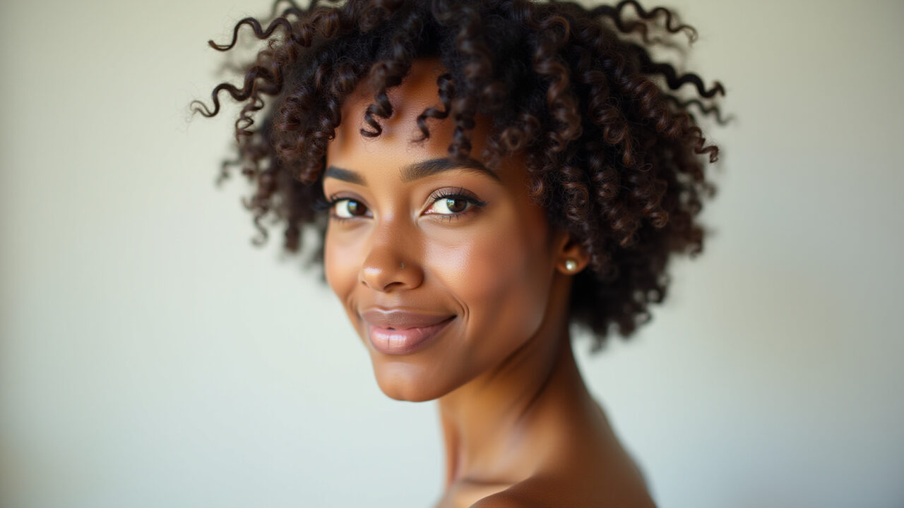 Mulher com cabelo cacheado curto valorizando a curvatura natural.