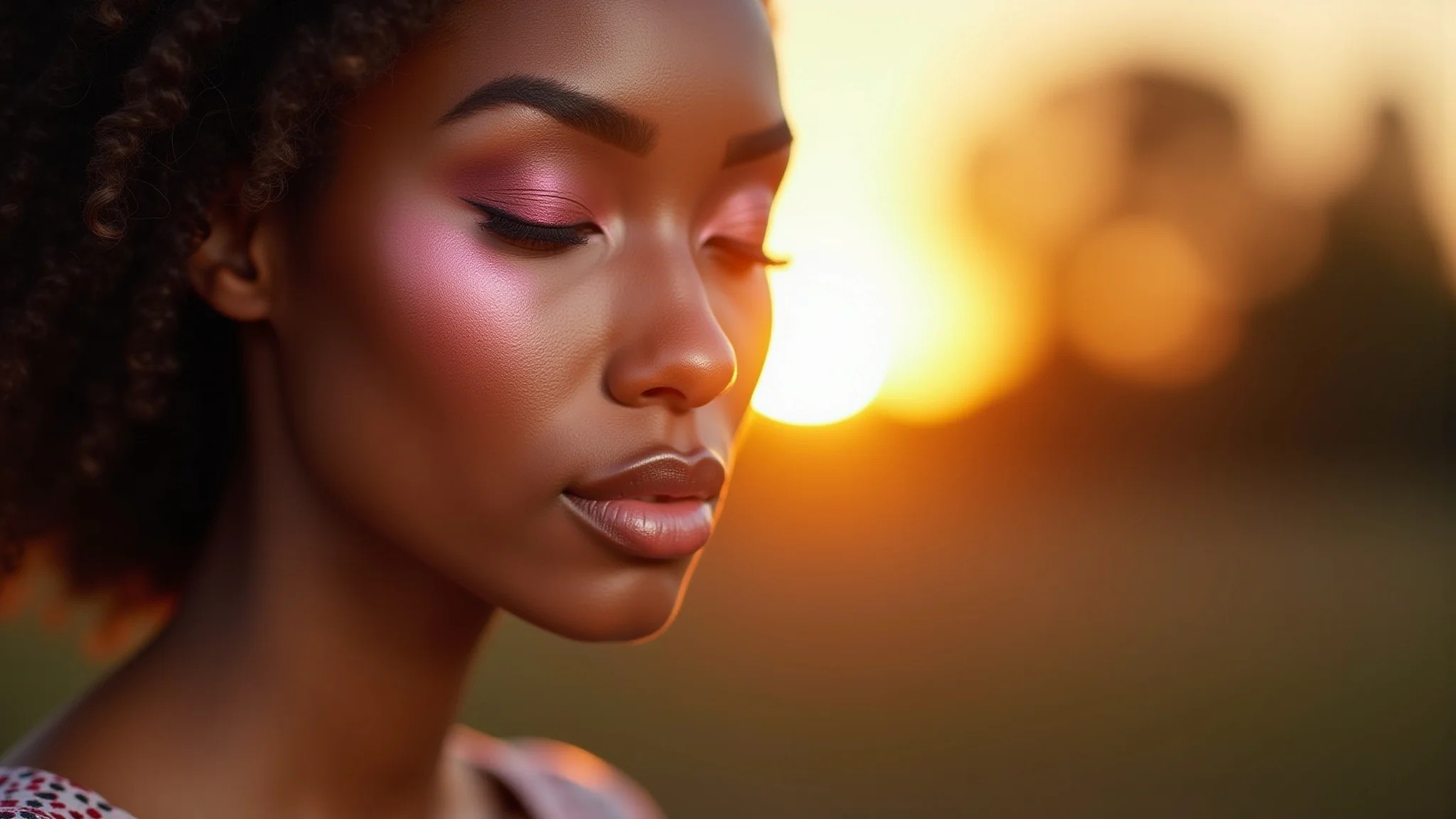 Mulher negra aplicando blush vinho, maquiagem profissional, iluminação dourada suave.