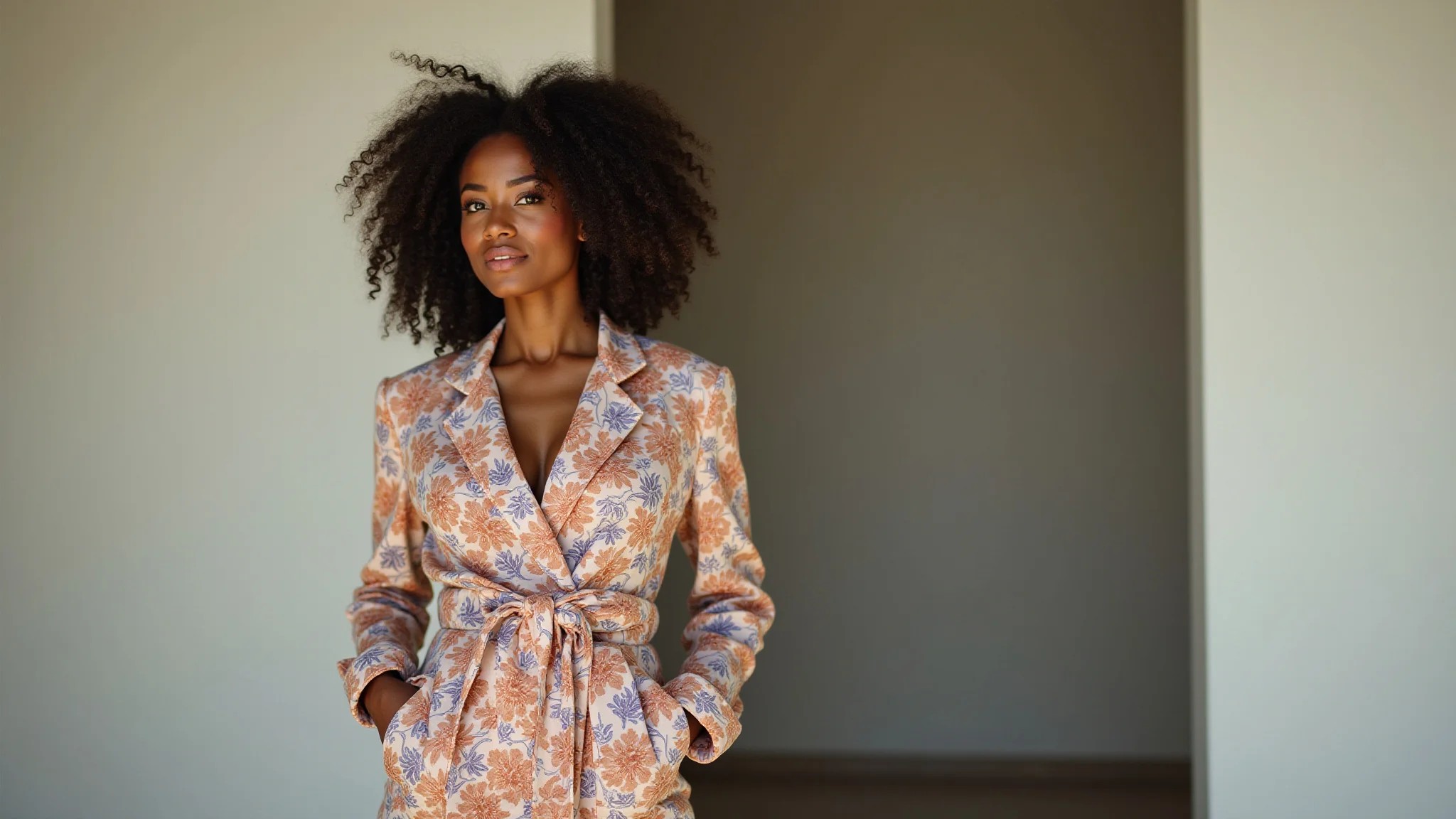 Mulher negra usando um terninho floral, elegante e confiante.