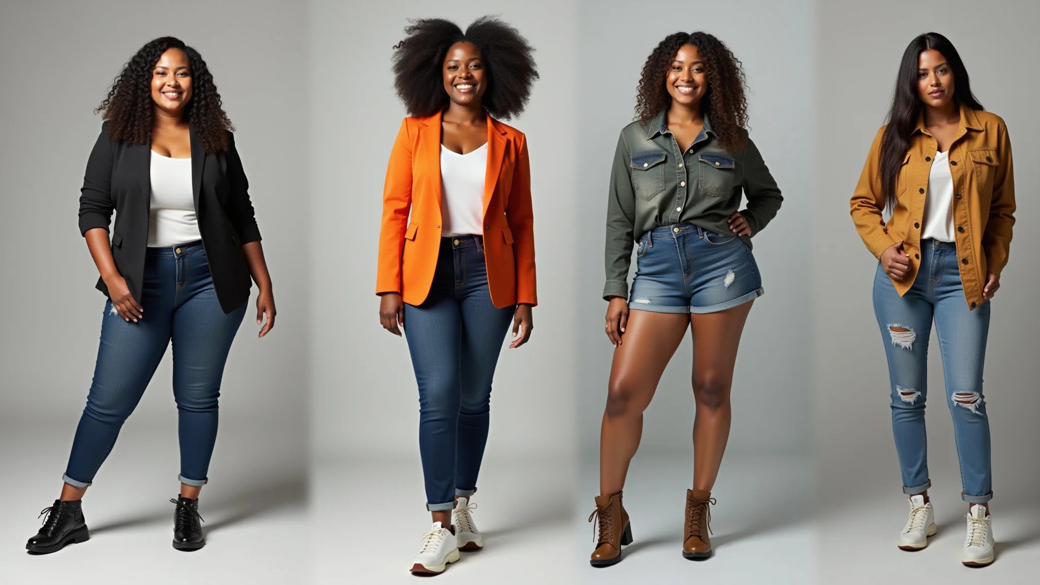 Mulheres brasileiras com diferentes tipos de corpo usando roupas que valorizam suas silhuetas.