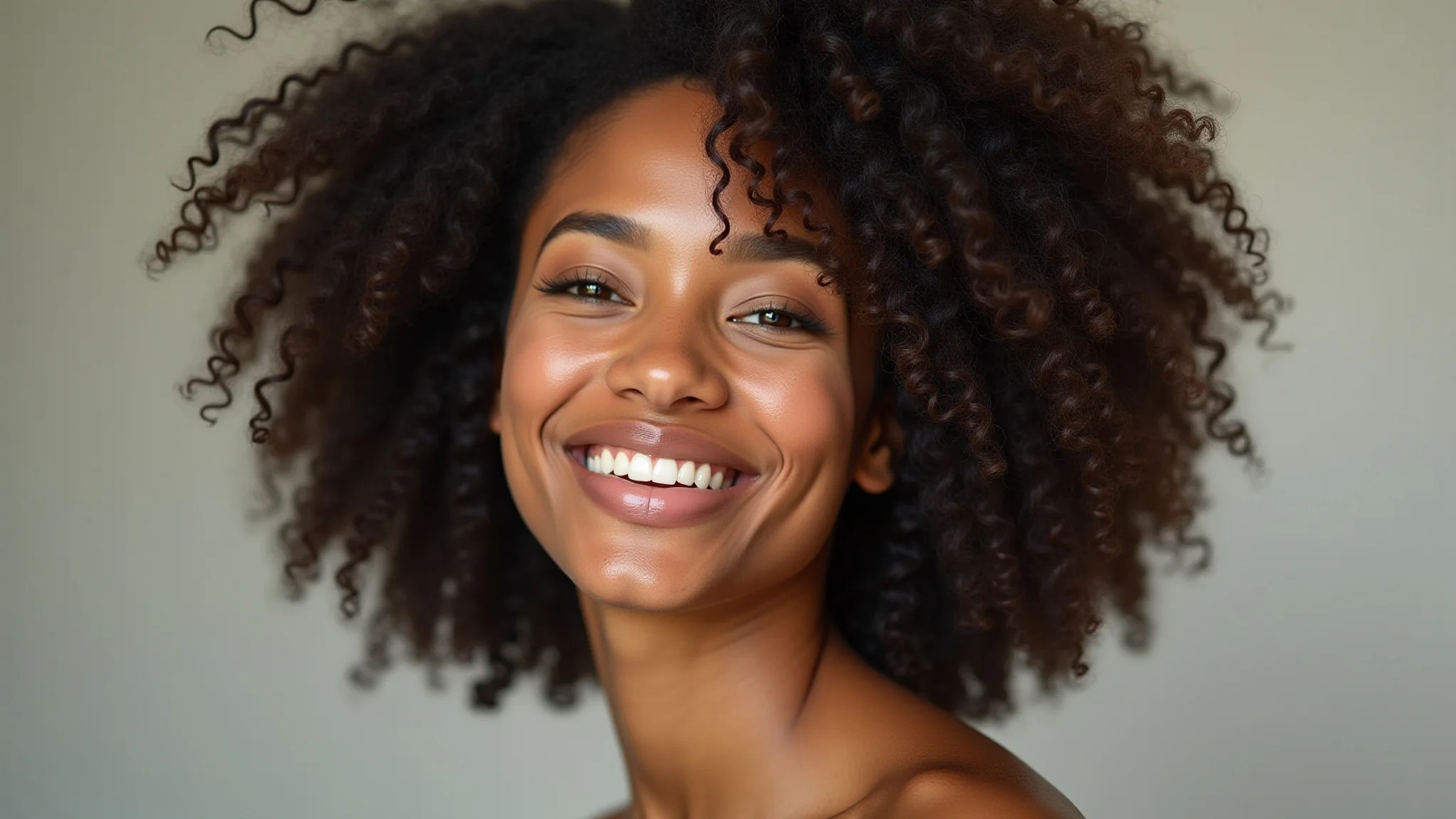 Mulher brasileira com look minimalista sorrindo. Foto profissional.