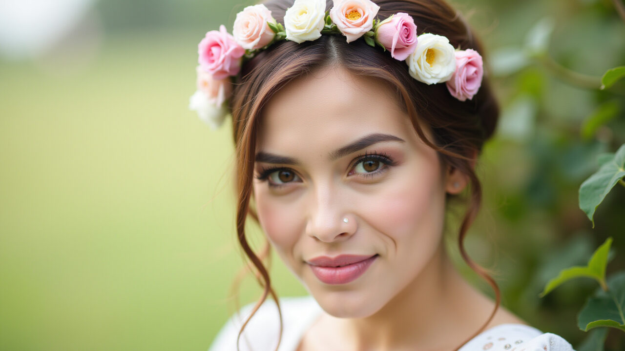 Mulher com tiara de flores em um jardim.