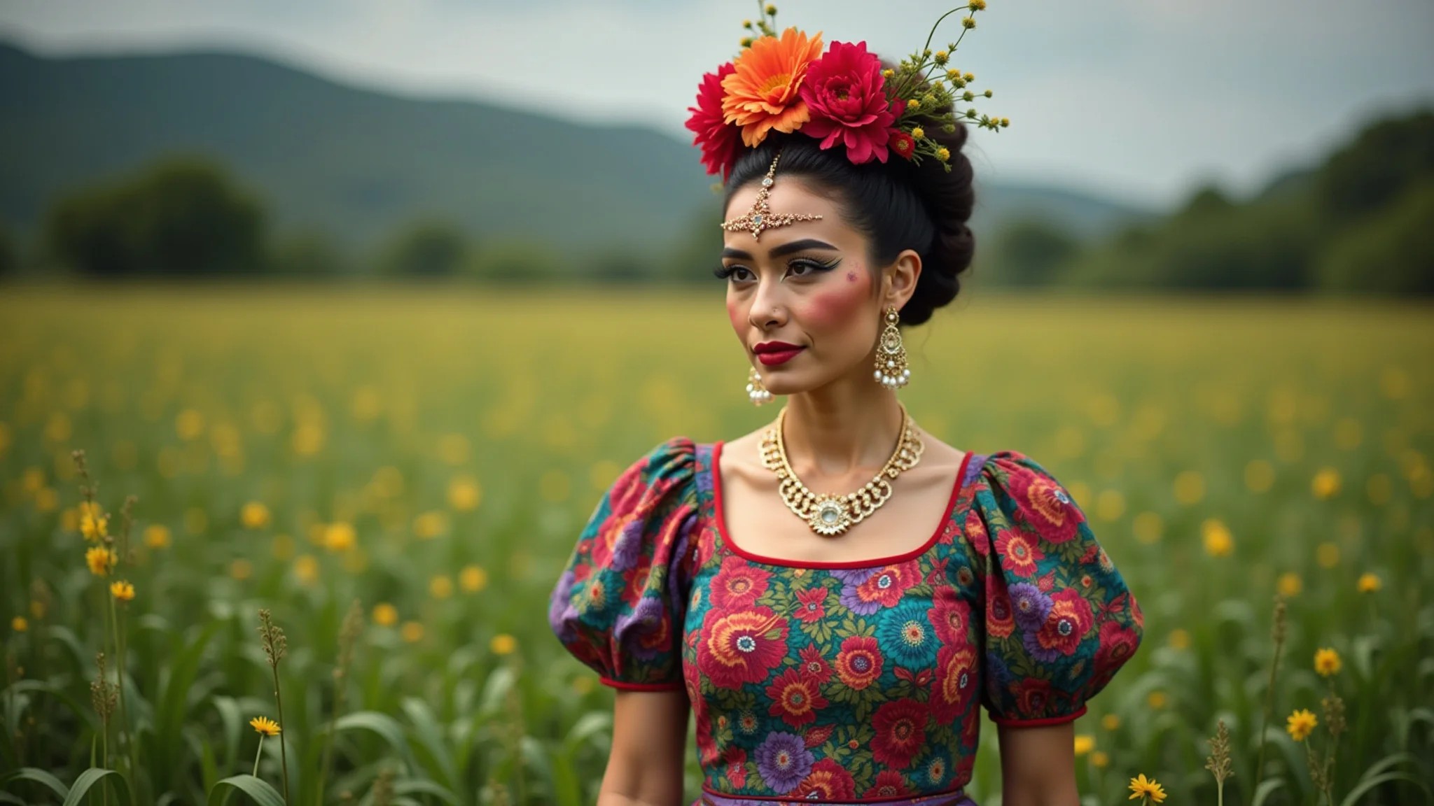 Mulher com fantasia de carnaval inspirada em Frida Kahlo, flores e vestido colorido.