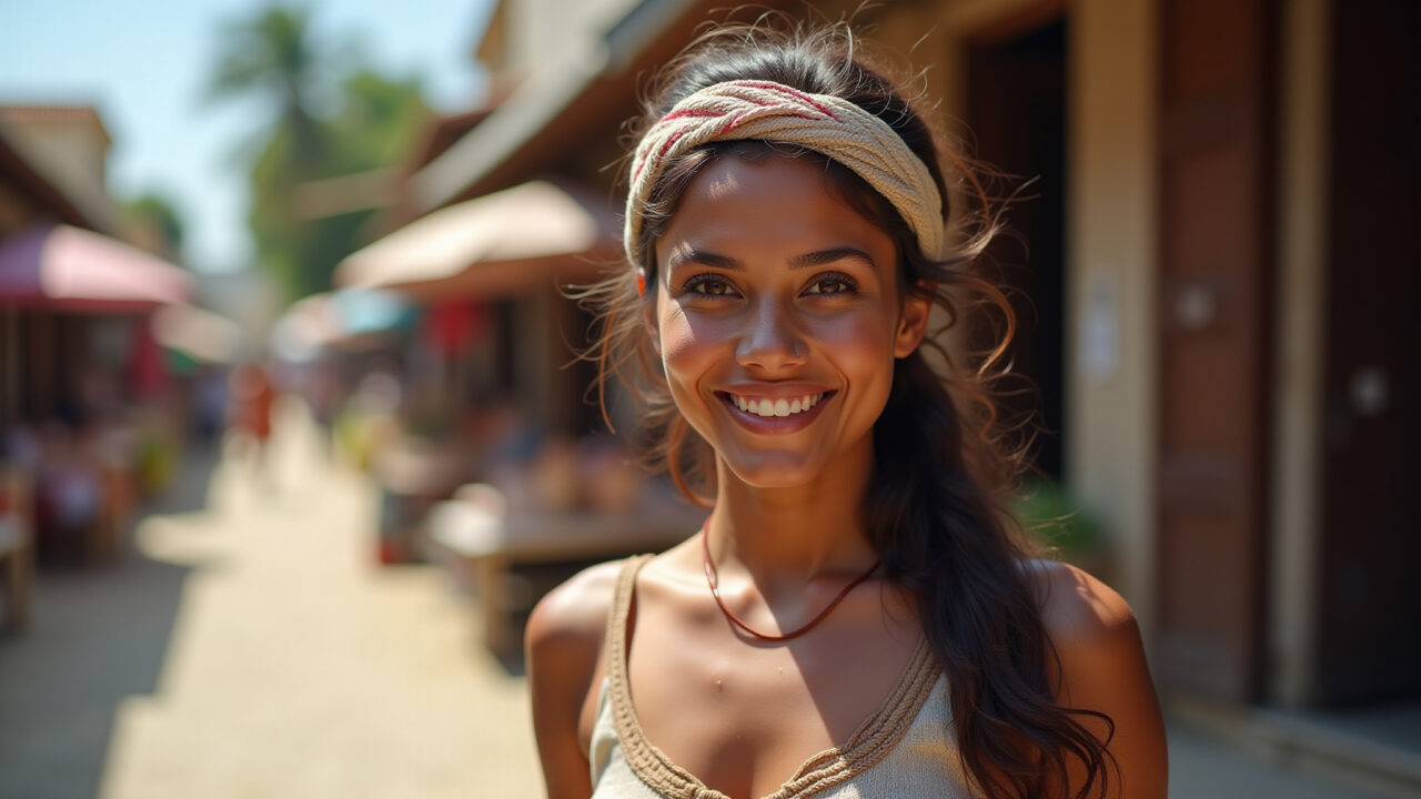 Mulher com tiara artesanal exclusiva.