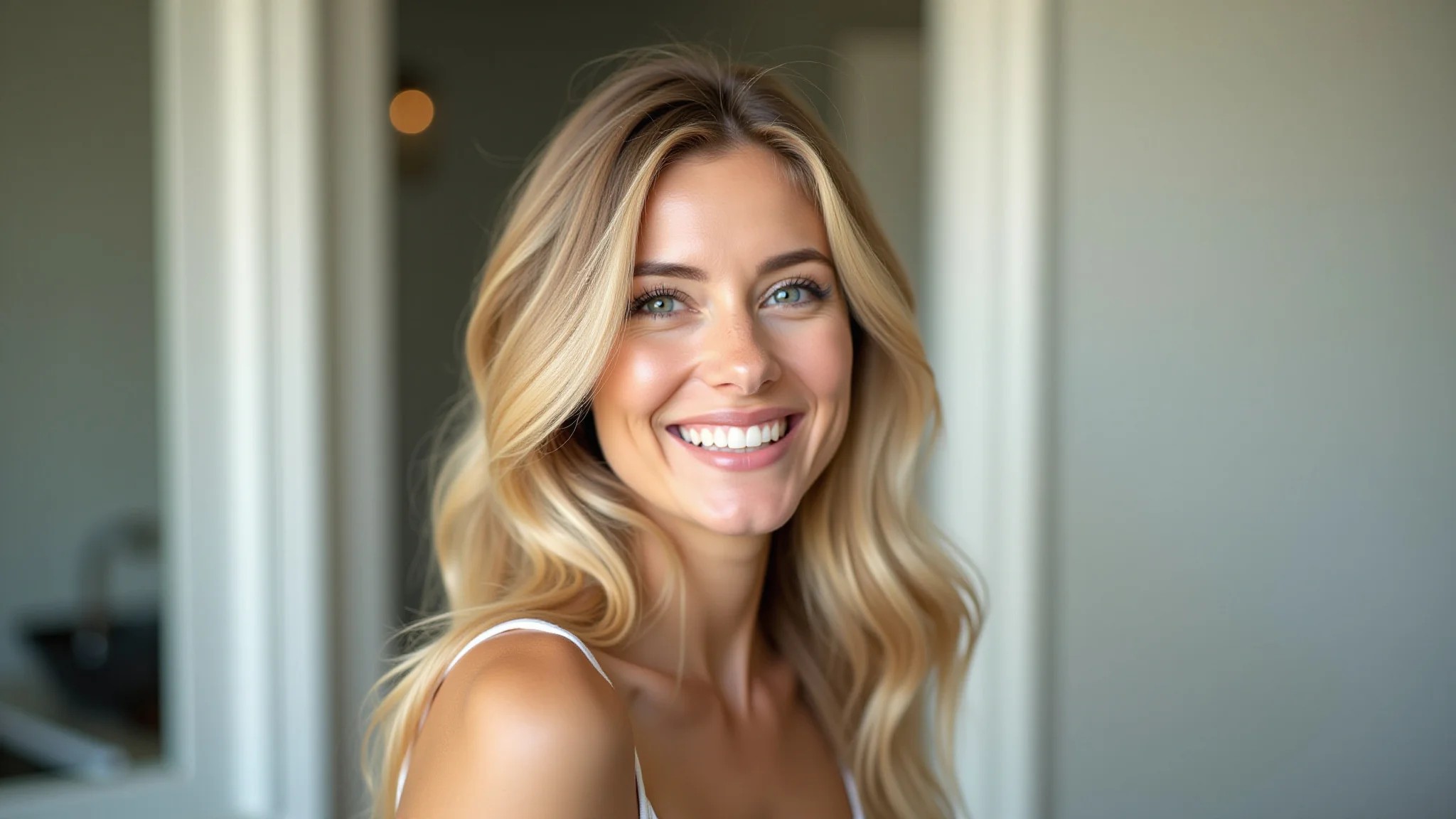 Mulher sorrindo com cabelo loiro uniforme e saudável após correção de cor.