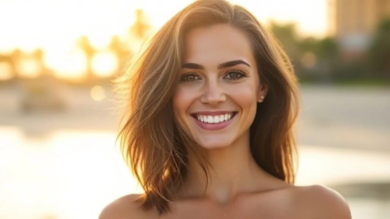 Mulher sorrindo com cabelo hidratado e brilhante na praia.