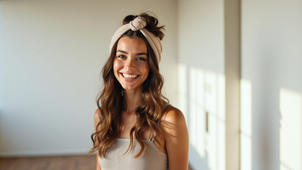 Mulher com tiara de nó elegante e casual.