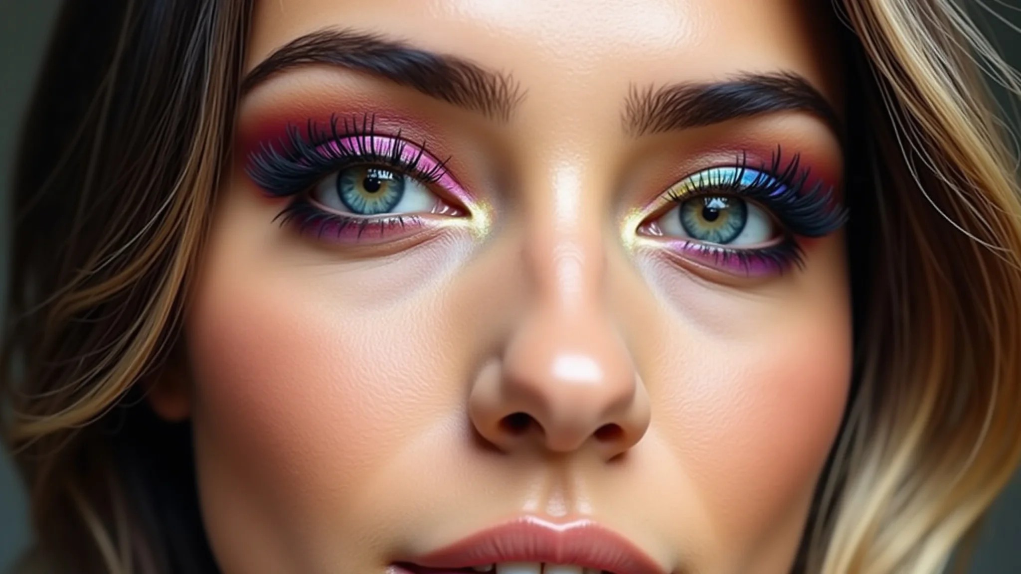 Mulher brasileira com maquiagem colorida nos olhos e cílios longos e escuros.