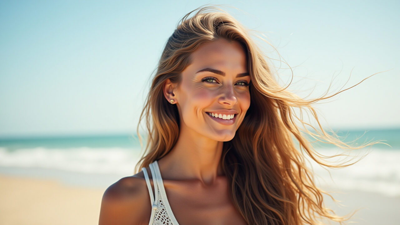 Mulher com cabelo longo na praia aproveitando o verão.