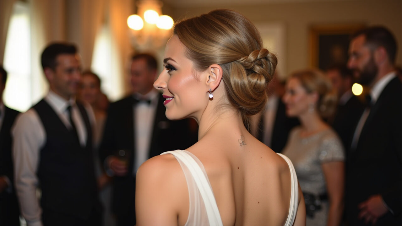 Mulher com cabelo longo e penteado elegante para festa.