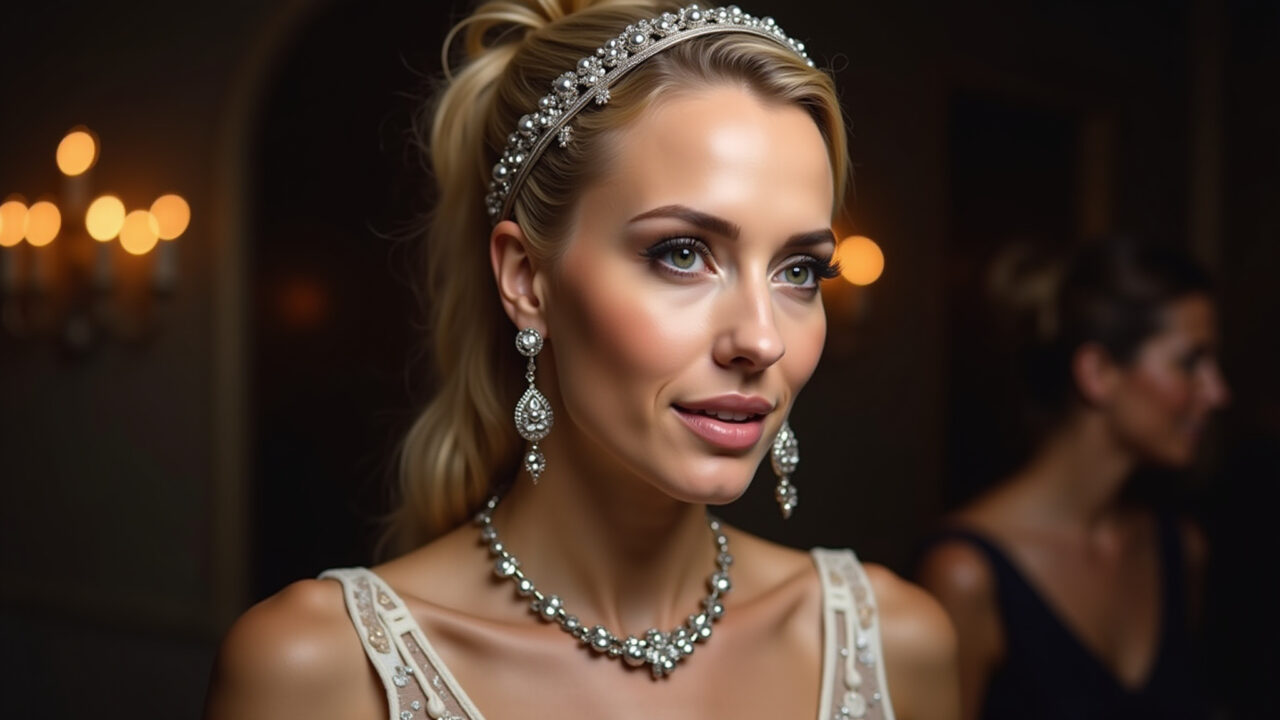 Mulher com tiara de metal brilhante para festa.