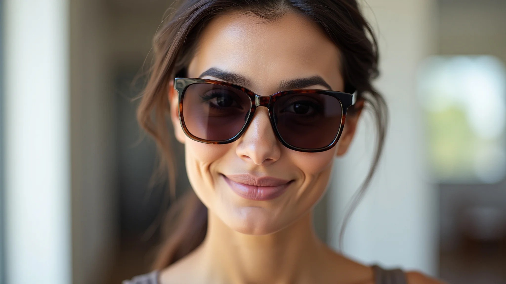 Mulher de rosto oval com óculos quadrados e penteado moderno sob luz brilhante.