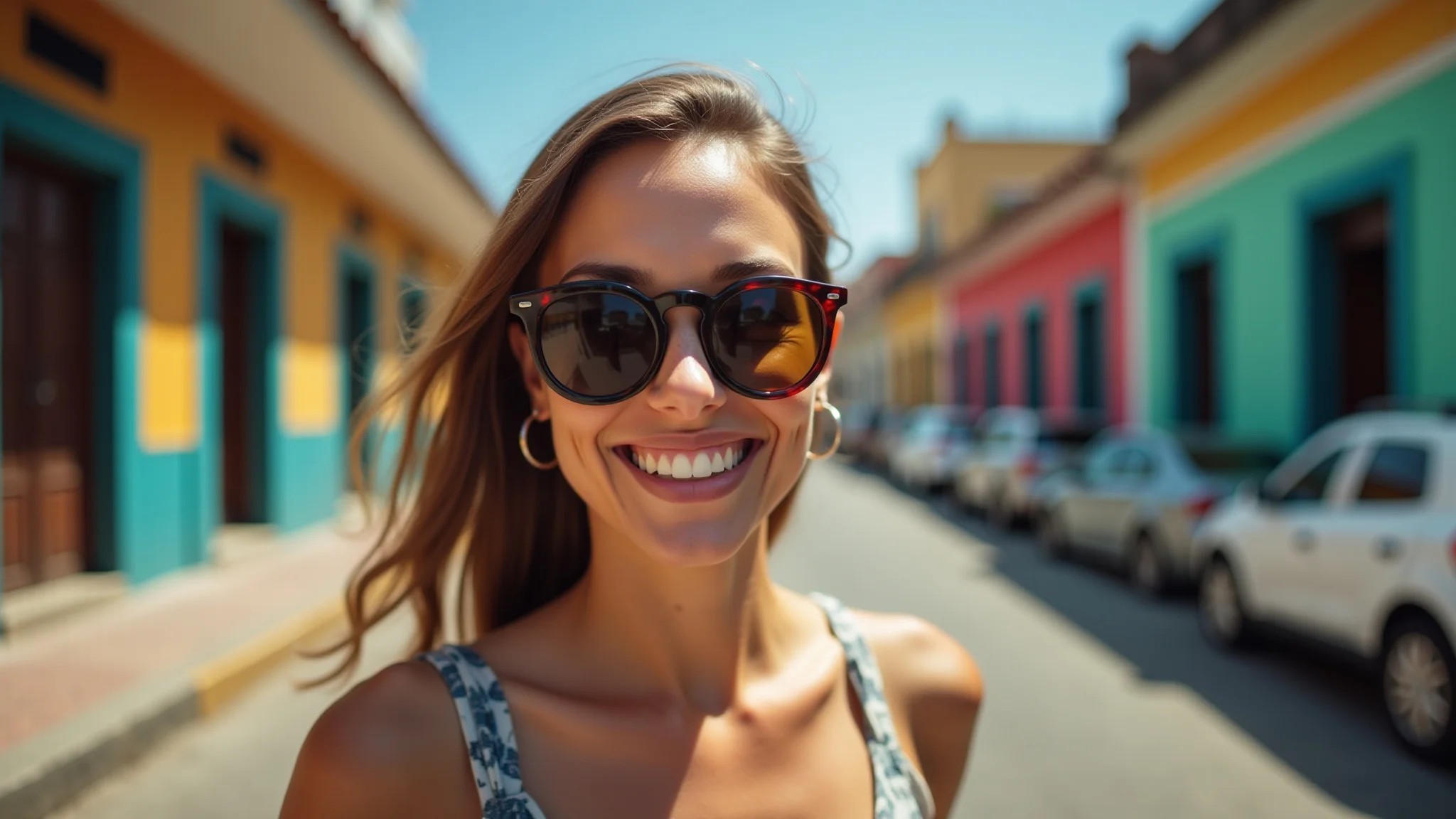 Mulher de rosto oval usando óculos redondos sorrindo em rua colorida no Brasil.