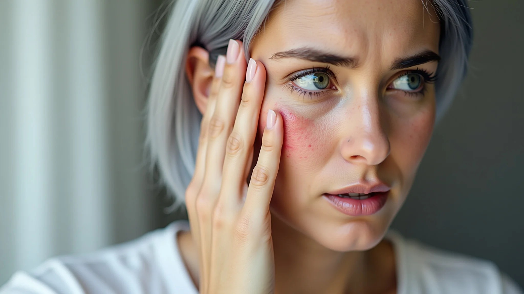 Mulher com couro cabeludo irritado após descoloração, vermelhidão visível.