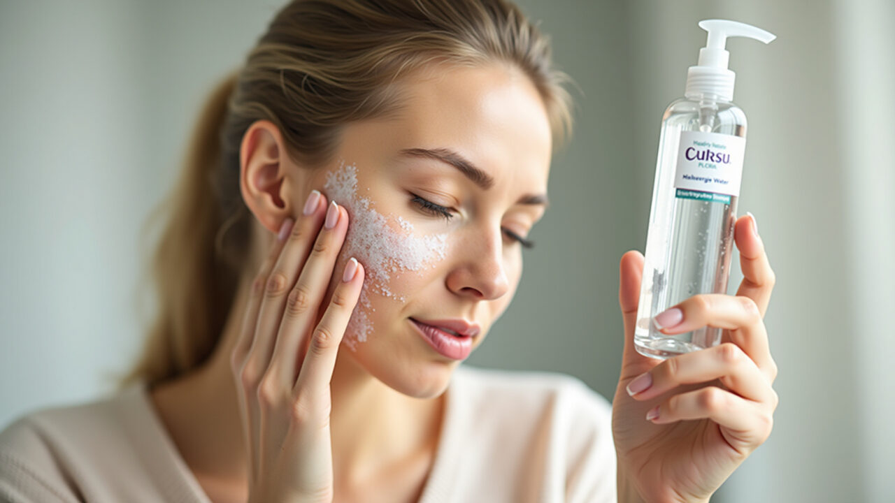 Mulher com pele sensível usando água micelar hipoalergênica.