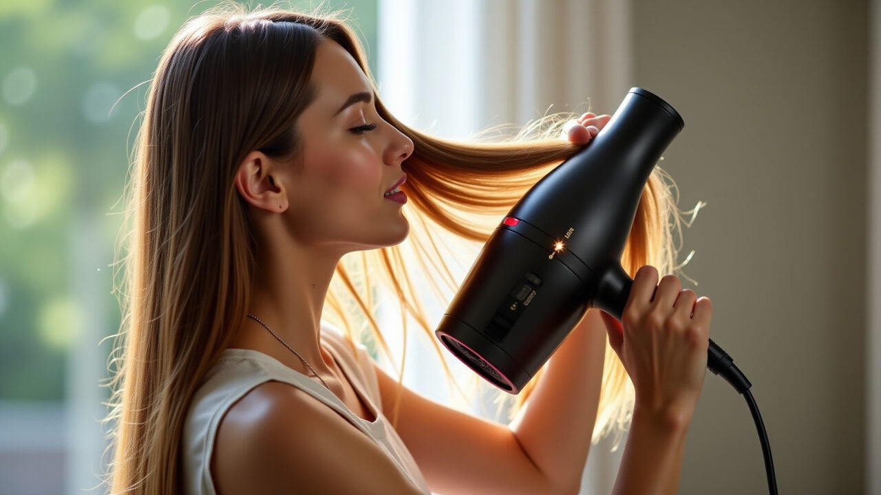 Mulher usando secador iônico para reduzir o frizz e dar brilho.