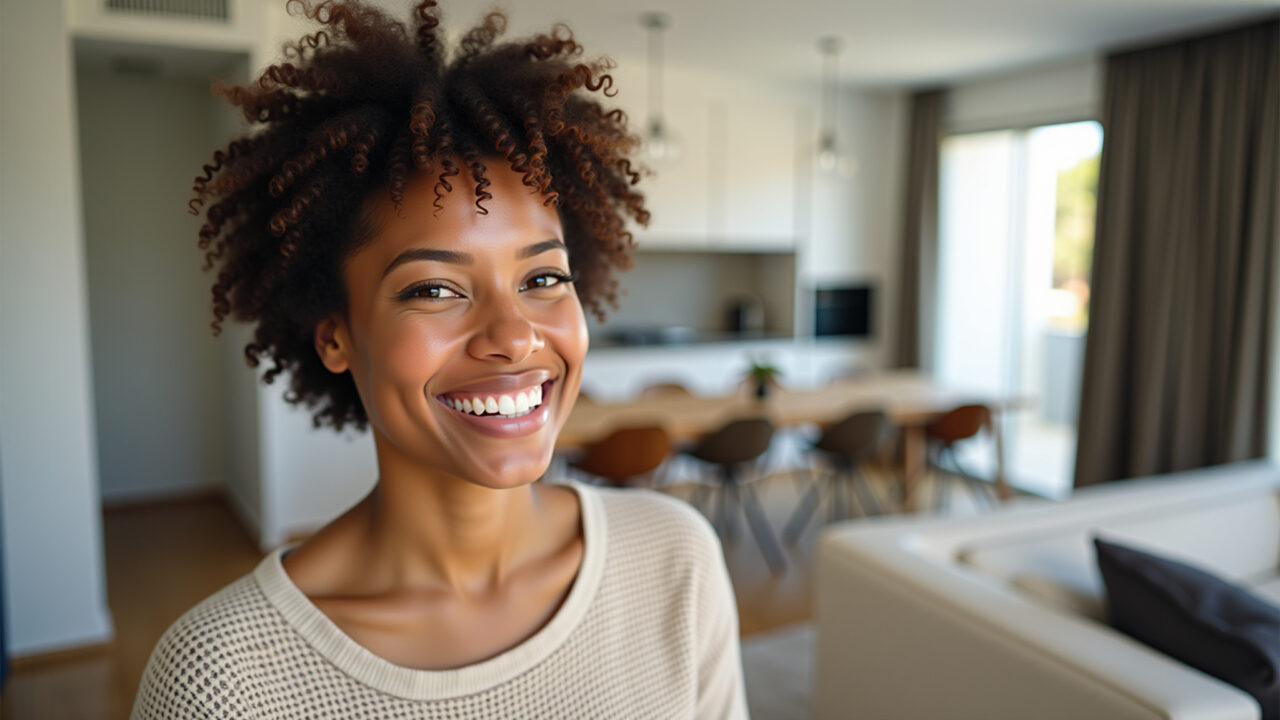 Mulher sorrindo com cabelo curto cacheado em apartamento moderno.
