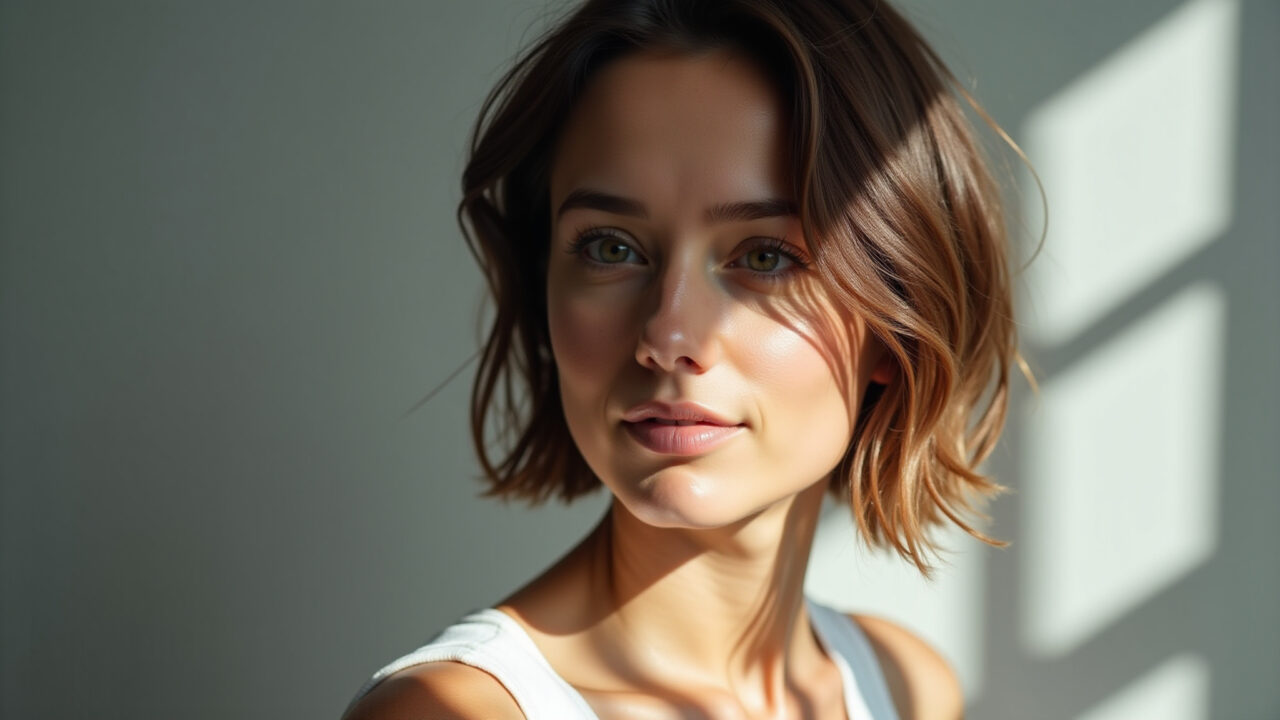Mulher com cabelo curto em transição capilar exibindo textura natural.