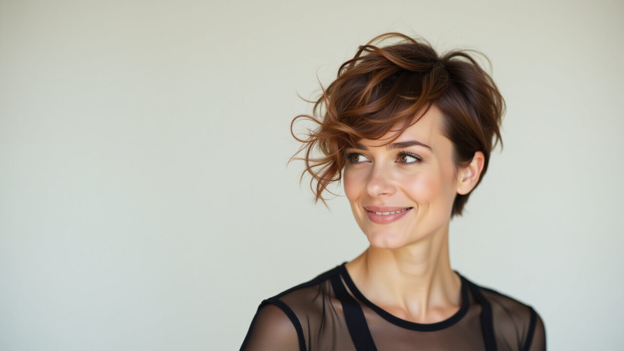 Mulher com pouco cabelo e corte curto estiloso que dá volume.