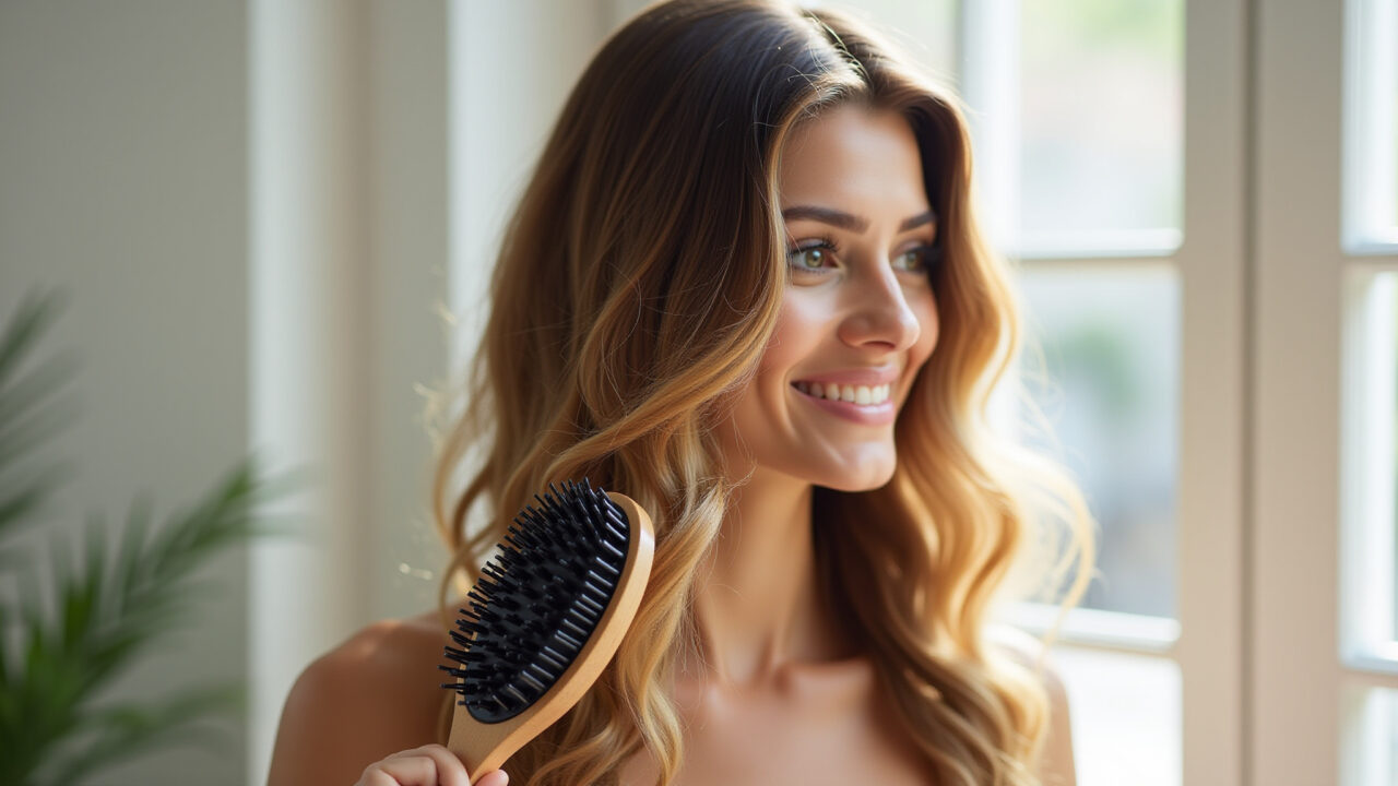 Woman with treated hair using soft bristle brush, gentle, natural light, Brazilian style, 8K, sharp Mulher com progressiva usando escova de cerdas macias.