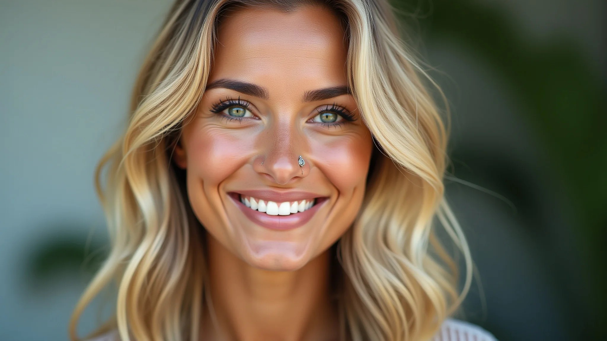 Mulher brasileira com cabelo loiro radiante e saudável.
