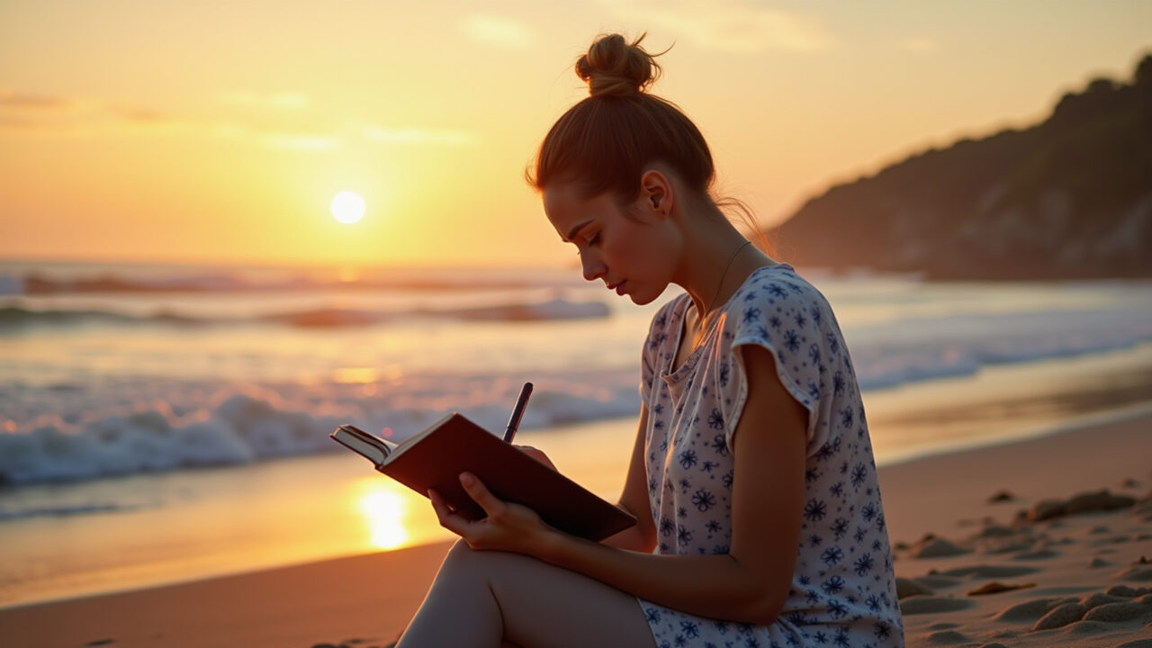 Mulher escrevendo em diário de gratidão na praia ao pôr do sol.