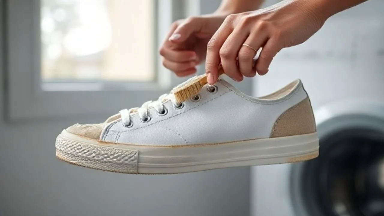 Aplicando bicarbonato em tênis branco com escova de dentes.