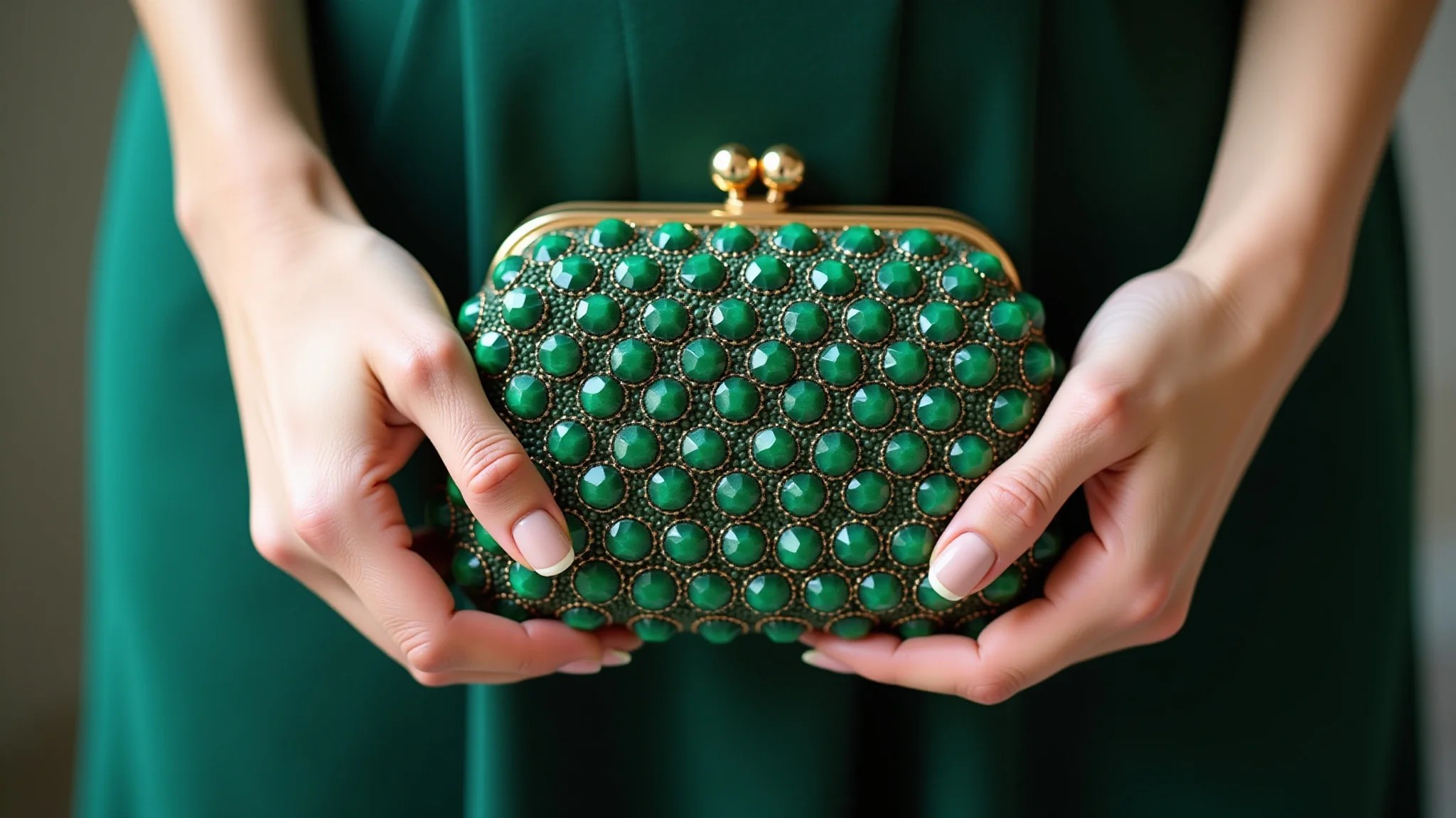 Detalhe de clutch verde esmeralda combinando com vestido marsala.