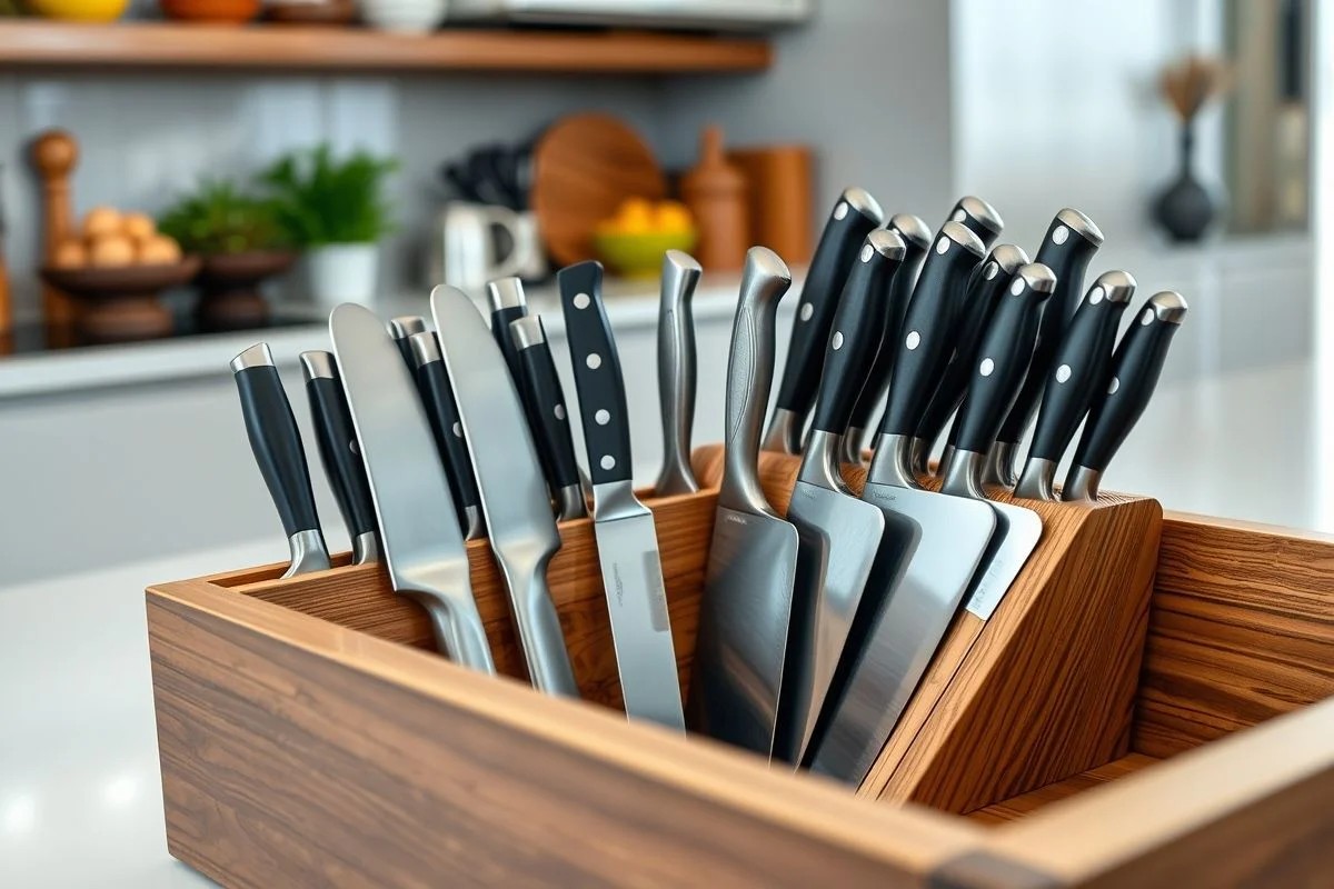 Organizador de facas de madeira em gaveta, cozinha moderna brasileira.