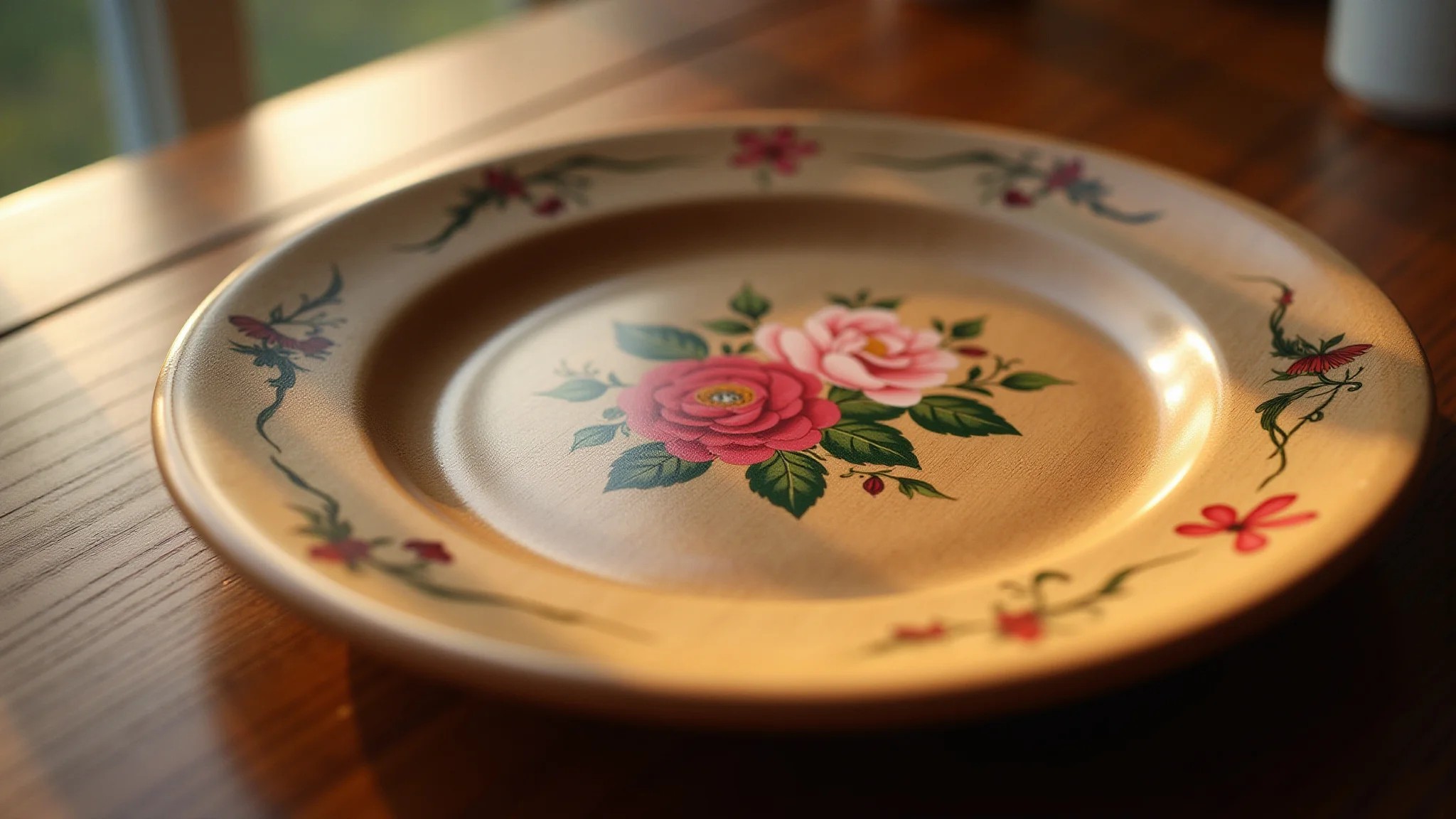 Prato de madeira com design tradicional Bauernmalerei, rosas e corações.
