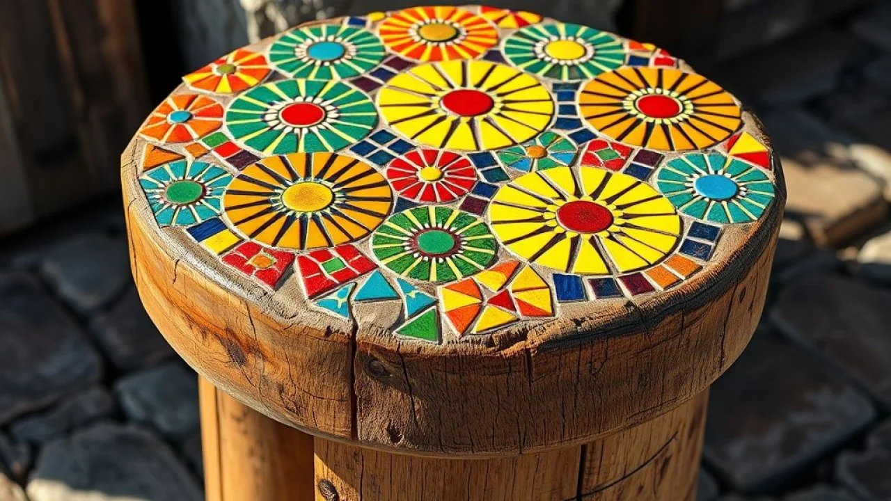 Banquinho de madeira com mosaico colorido em padrão geométrico brasileiro